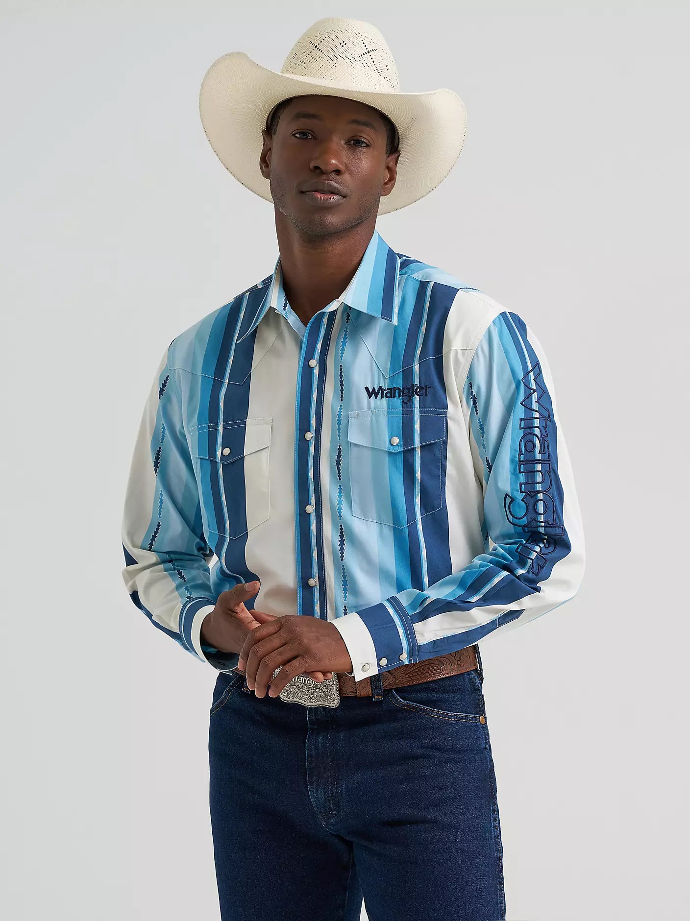 Men's Wrangler® Logo Long Sleeve Striped Shirt