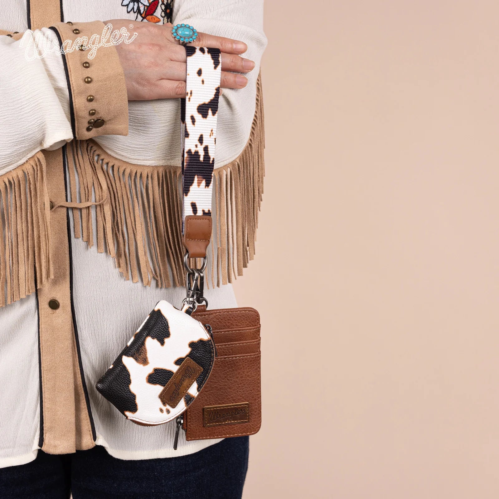 Pochette double avec dragonne Wrangler à imprimé vache - Marron