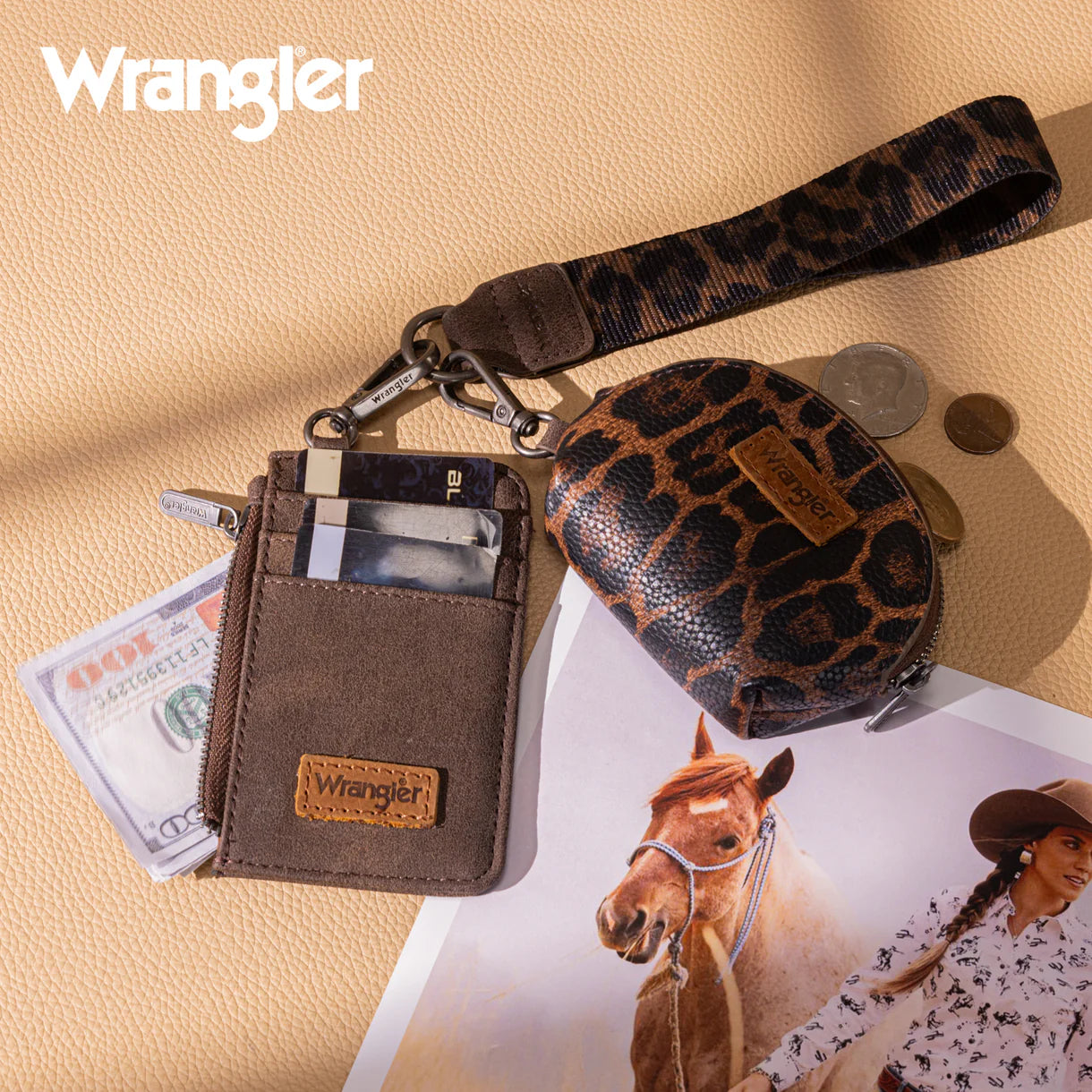 Wrangler Leopard Print Dual Pouch Wristlet - Coffee