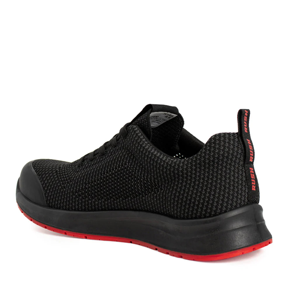 Chaussure de sport RUSH, noire et grise avec logo et semelle extérieure rouges