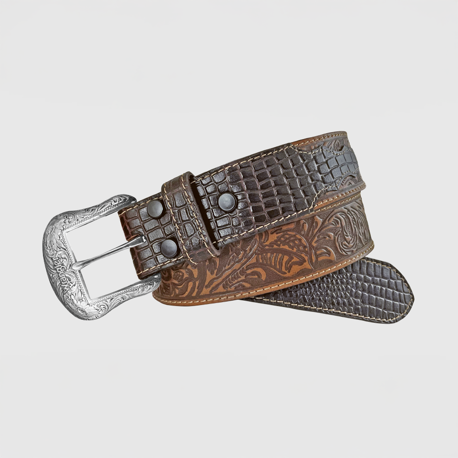 Ceinture Wrangler pour homme en cuir marron 3,8 cm (1-1/2 po) - Motif crocodile floral