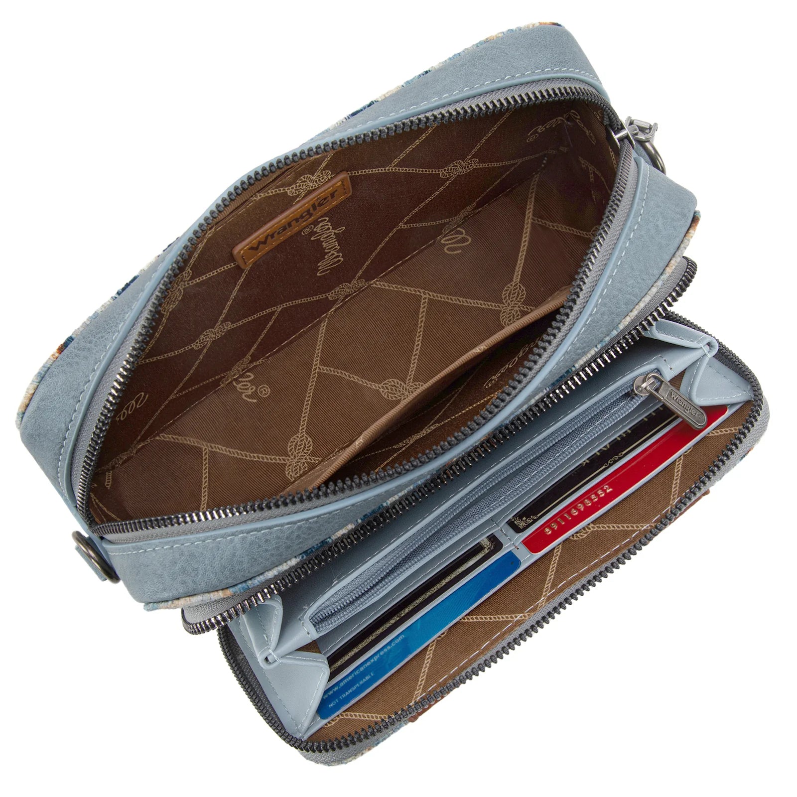 Sac à main Wrangler à bandoulière double face avec compartiment portefeuille et imprimé sud-ouest - Bleu marine