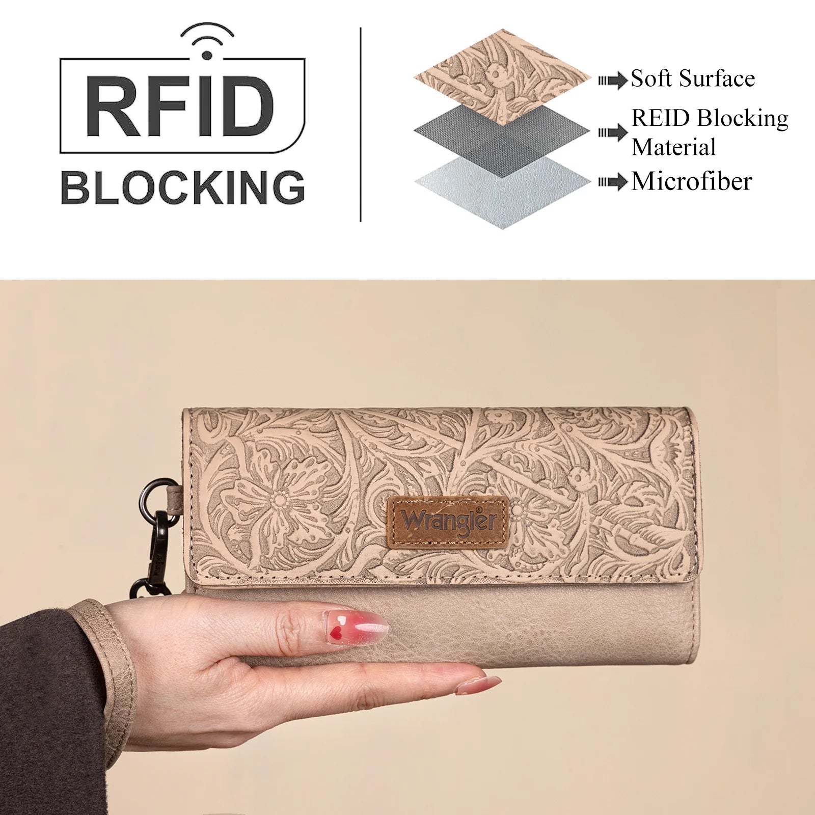 Portefeuille/bracelet RFID à trois volets Wrangler Western Floral - Tan