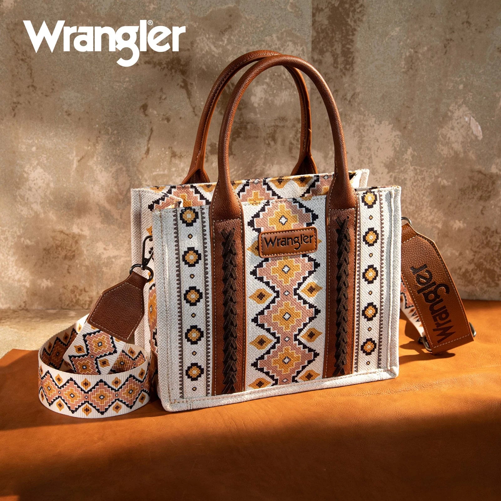 Petit sac cabas/sac à bandoulière en toile à motif sud-ouest Wrangler - Café