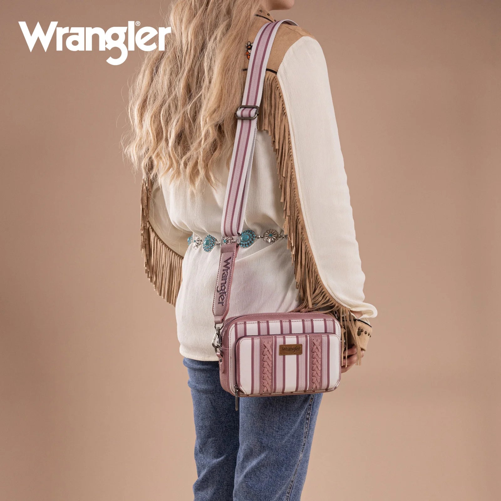 Sac à bandoulière Wrangler à rayures et imprimé avec compartiment portefeuille - Rose