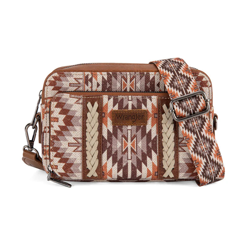 Wrangler Southwestern Pattern Dual Sided Print Crossbody Purse With Wallet Compartment -BR