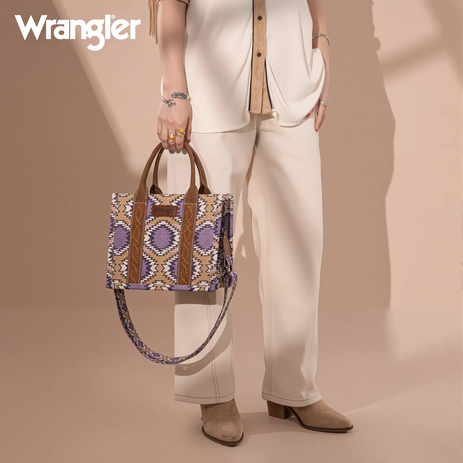 Wrangler Aztec Distressed Print Dual Sided Print -Tote/Crossbody - Purple