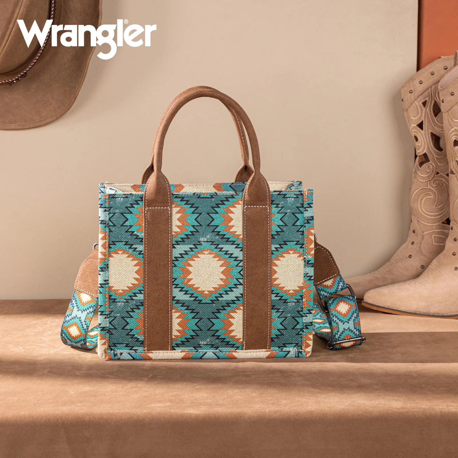 Sac cabas/sac à bandoulière Wrangler Aztec à motif vieilli double face - Turquoise