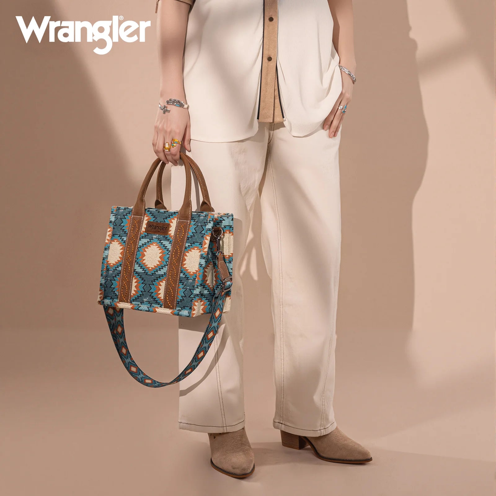Sac cabas/sac à bandoulière Wrangler Aztec à motif vieilli double face - Turquoise