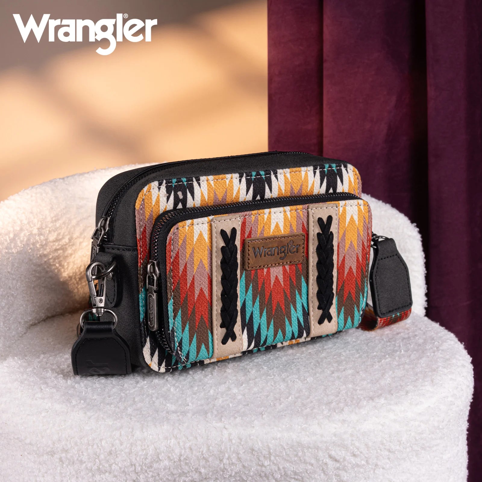 Sac à main Wrangler à bandoulière double face avec compartiment portefeuille et motif sud-ouest - Noir