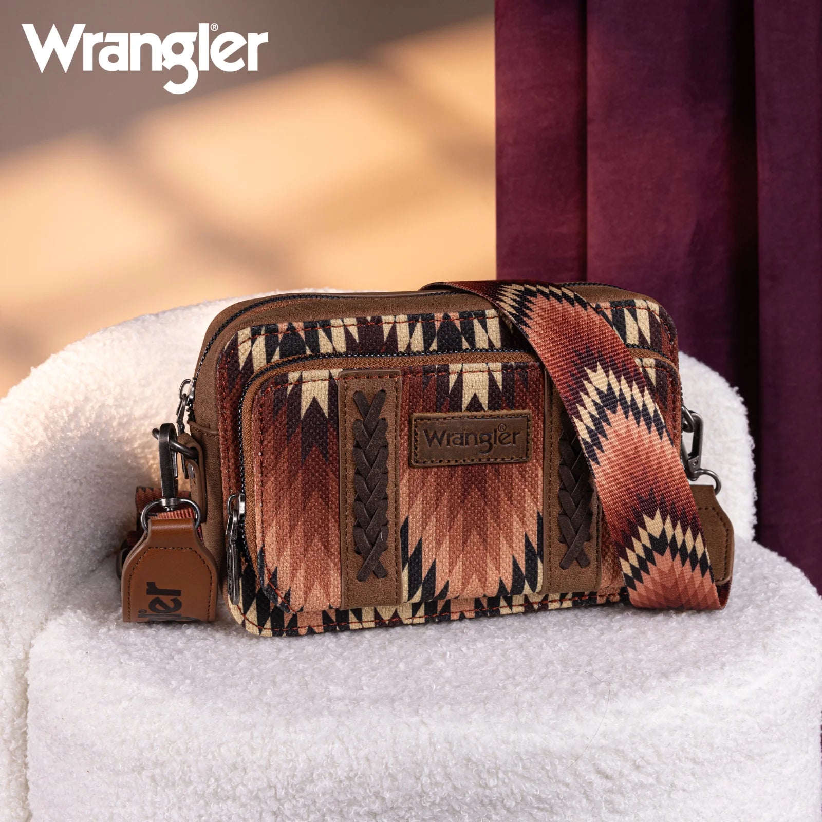 Wrangler Southwestern Pattern Dual Sided Print Crossbody Purse With Wallet Compartment - Brown