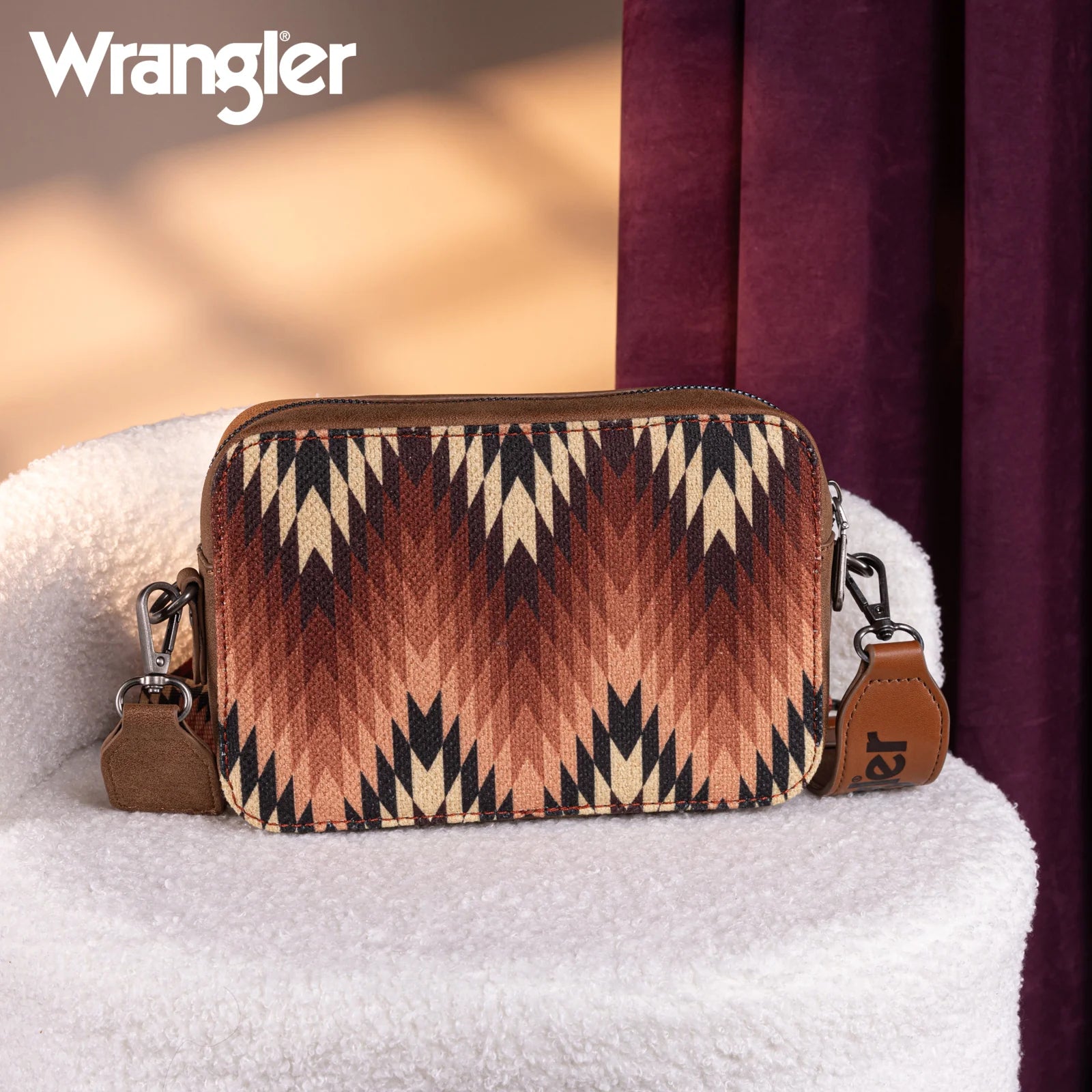 Wrangler Southwestern Pattern Dual Sided Print Crossbody Purse With Wallet Compartment - Brown