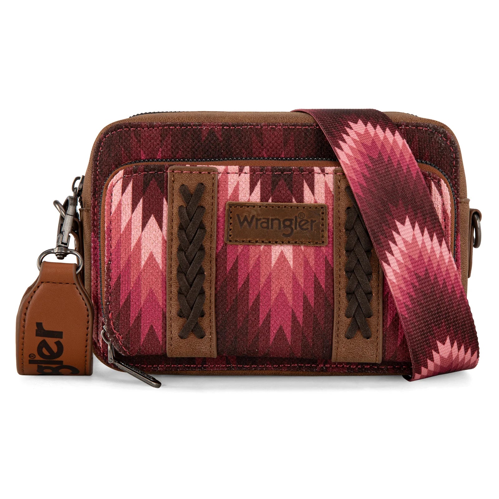 Wrangler Southwestern Pattern Dual Sided Print Crossbody Purse With Wallet Compartment -Dark Pink