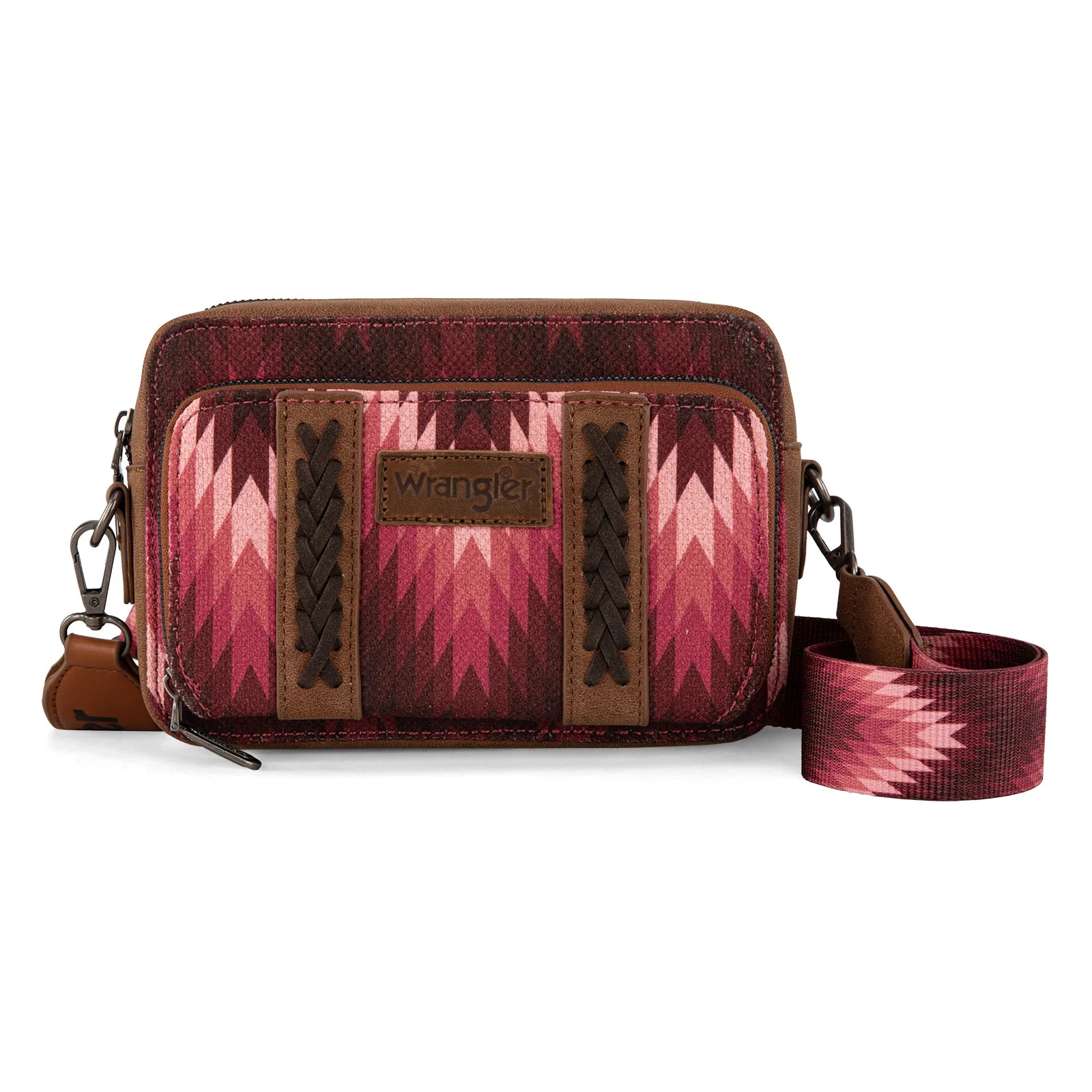 Wrangler Southwestern Pattern Dual Sided Print Crossbody Purse With Wallet Compartment -Dark Pink