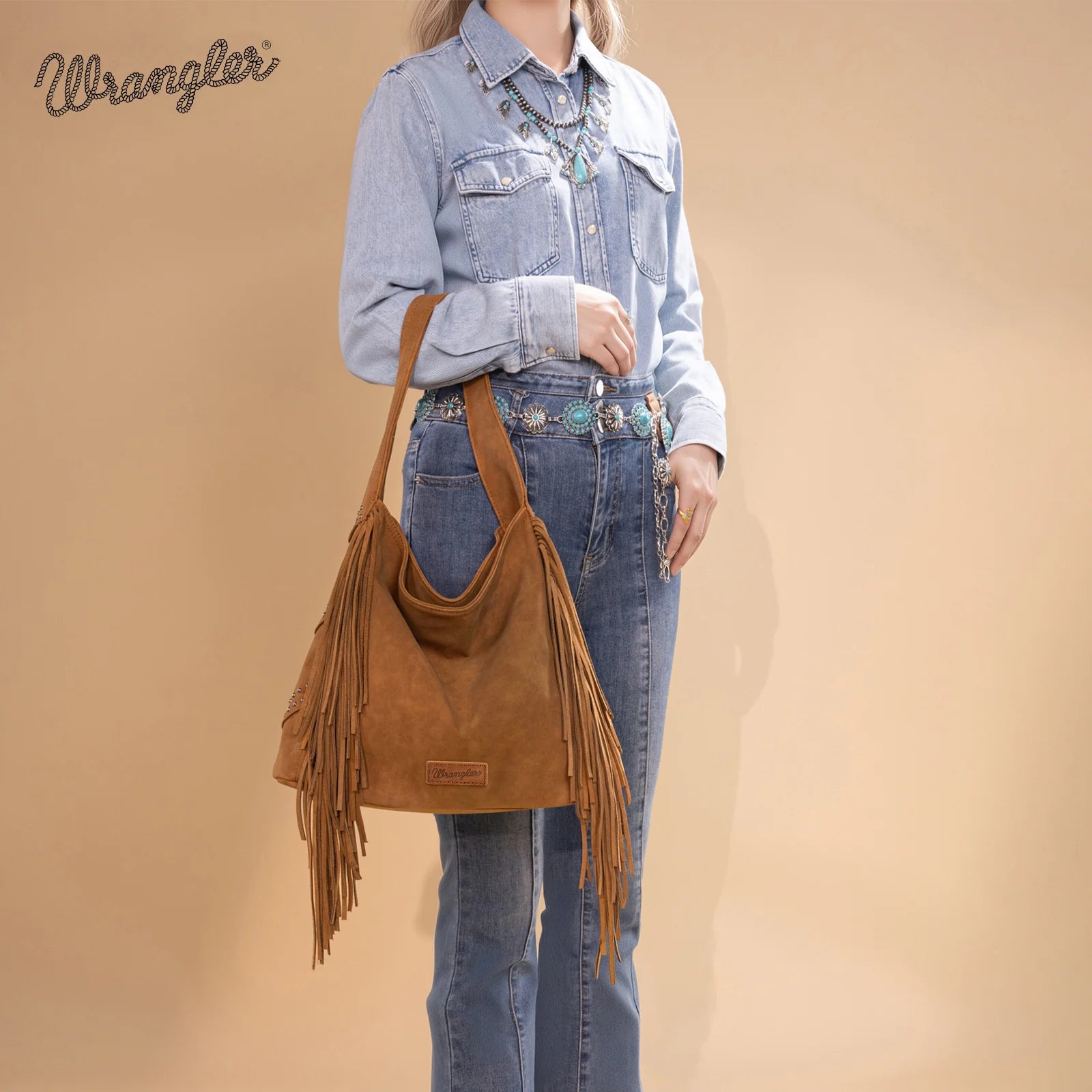 Wrangler Fringe Studded Hobo Bag - Brown