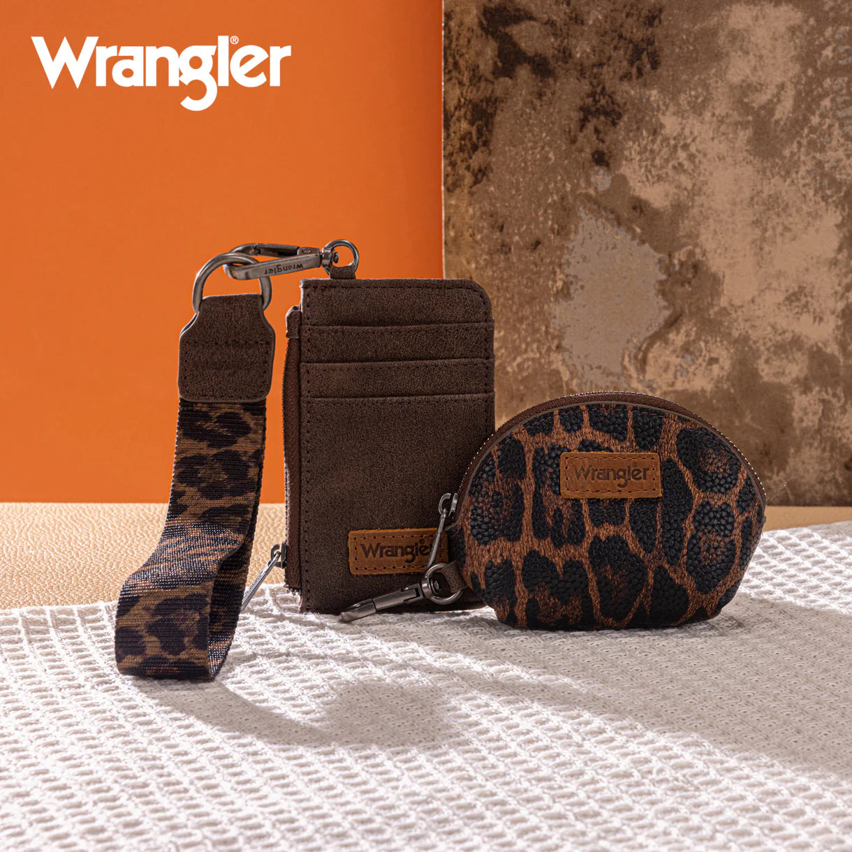 Wrangler Leopard Print Dual Pouch Wristlet - Coffee