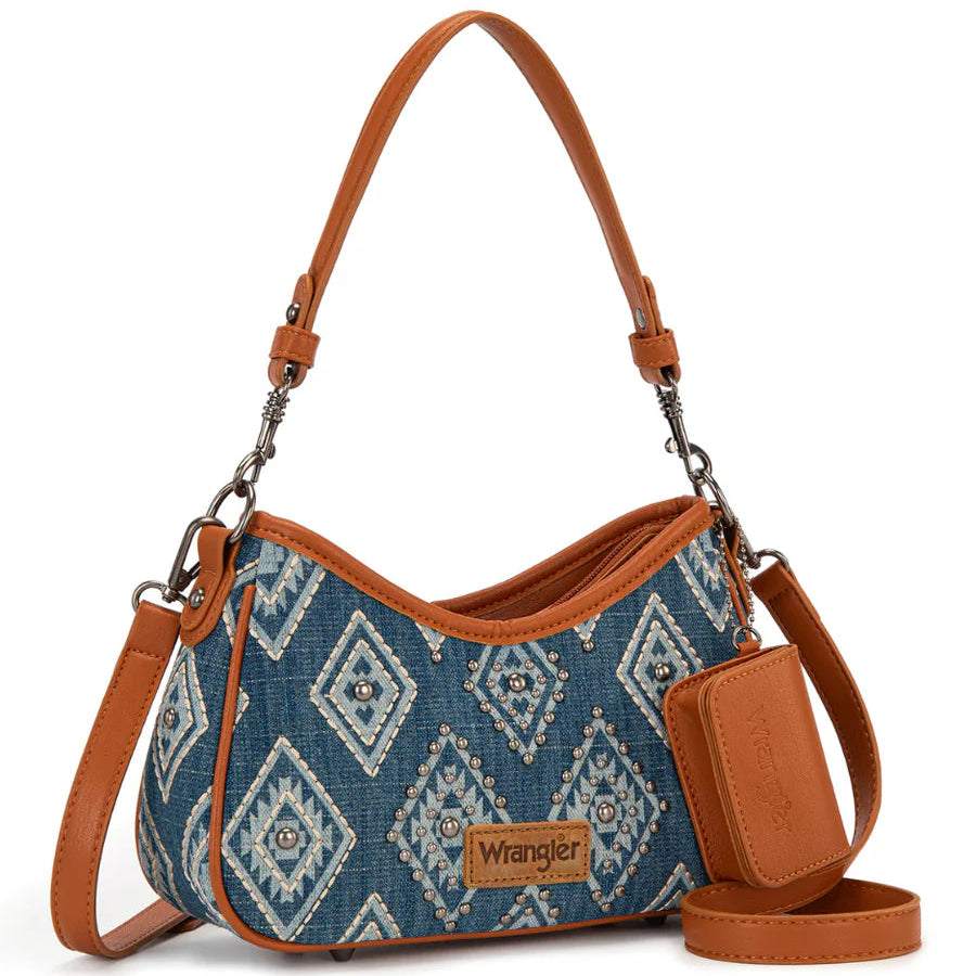 Wrangler Aztec Studded Denim Shoulder Bag with Mini Pouch - Jean