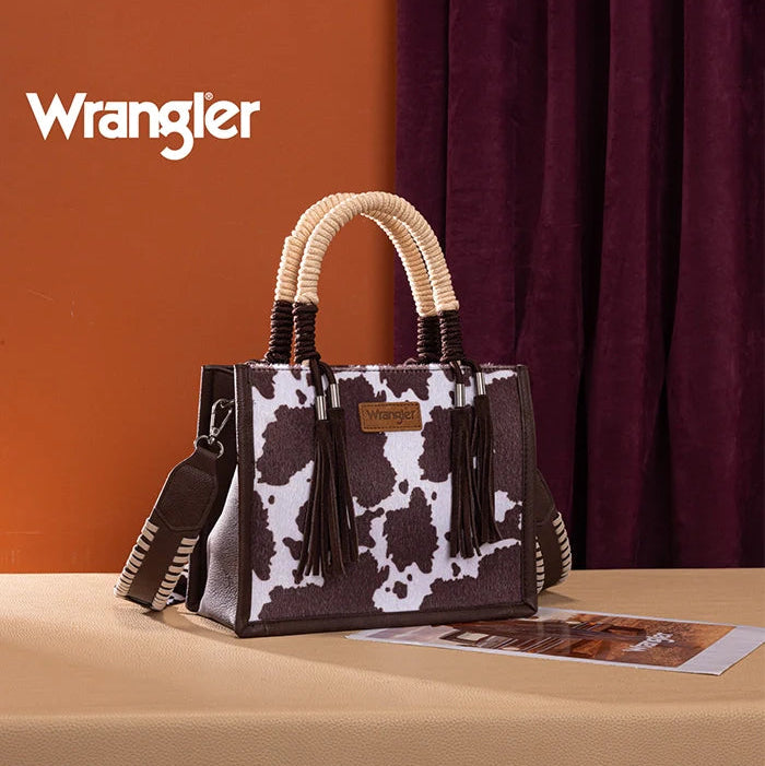 Wrangler Cow Print Rope Handle Tote Bag - Coffee