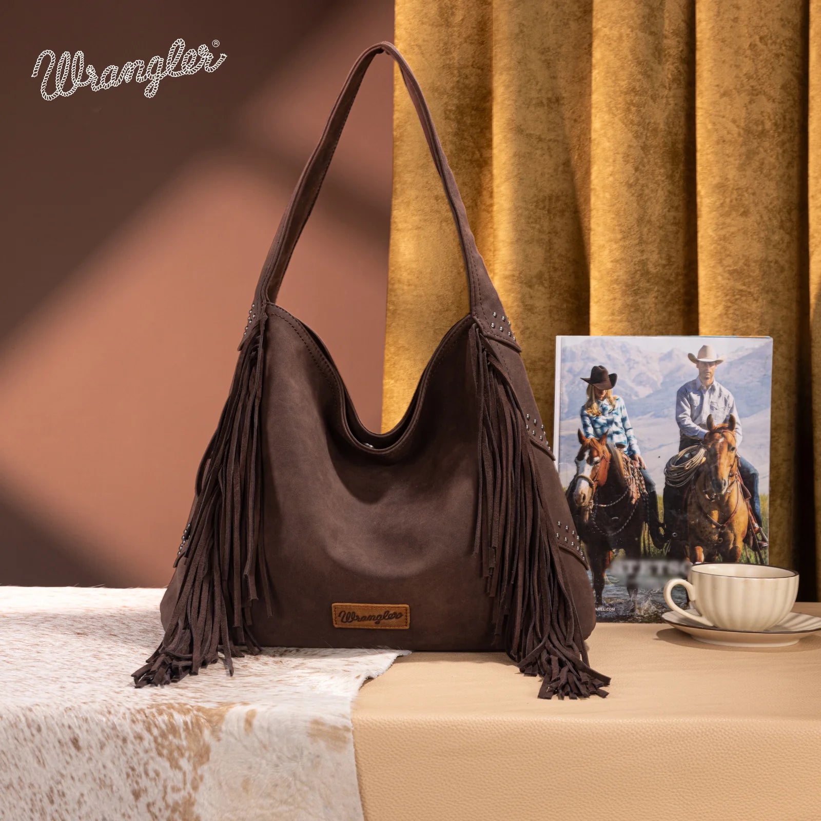 Sac hobo clouté à franges Wrangler - Café
