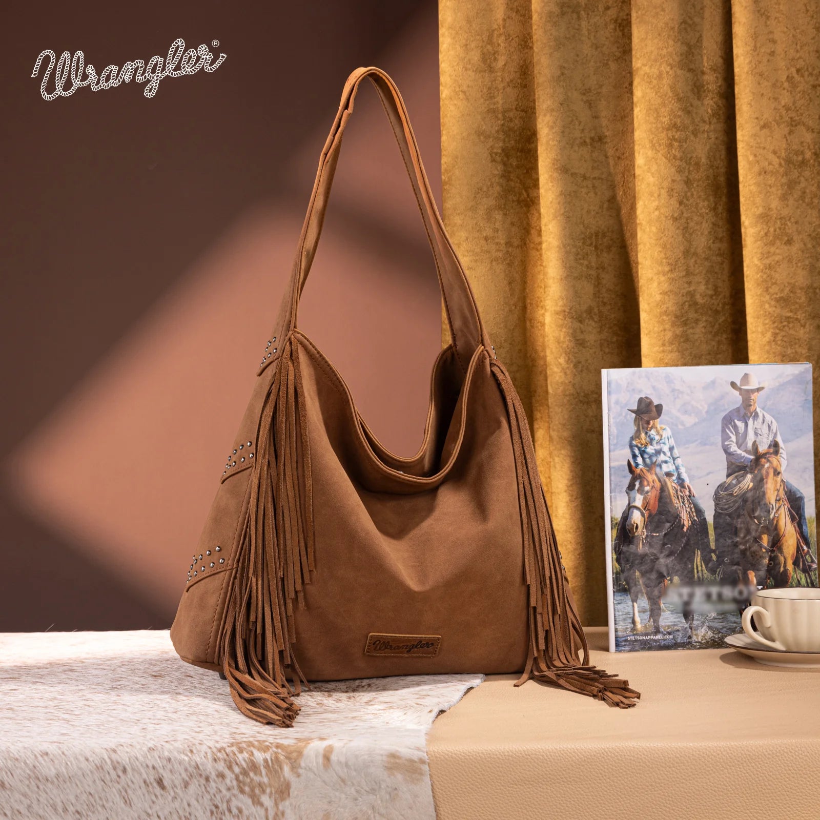 Sac hobo clouté à franges Wrangler - Marron