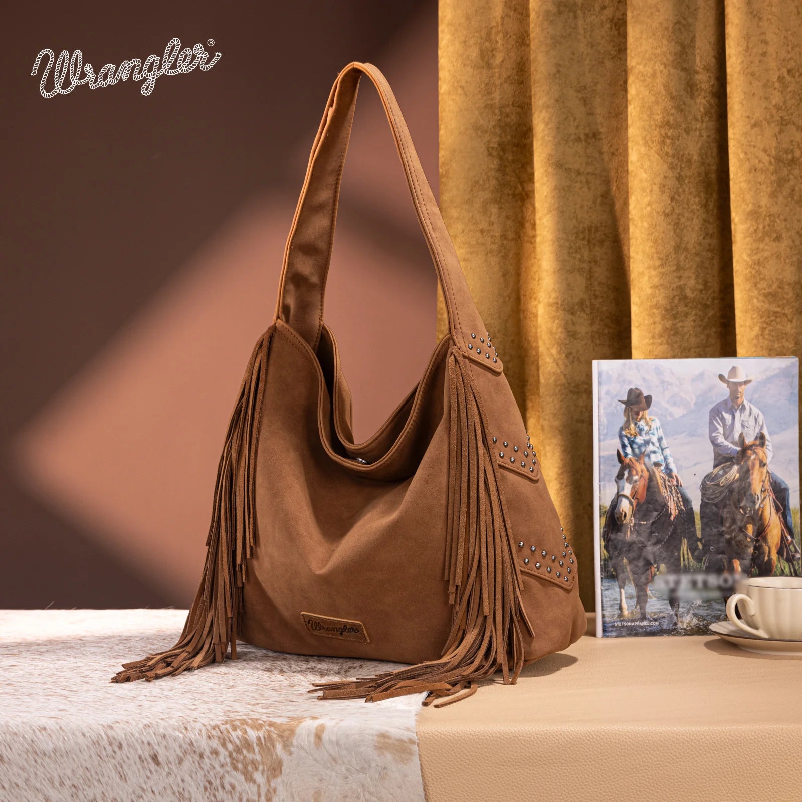 Sac hobo clouté à franges Wrangler - Marron