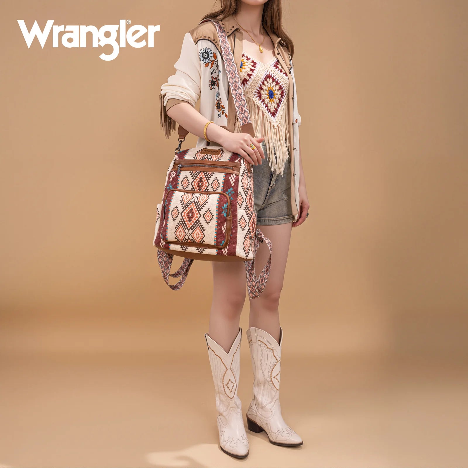 Sac à dos/sac bandoulière Wrangler à motif aztèque - Brun