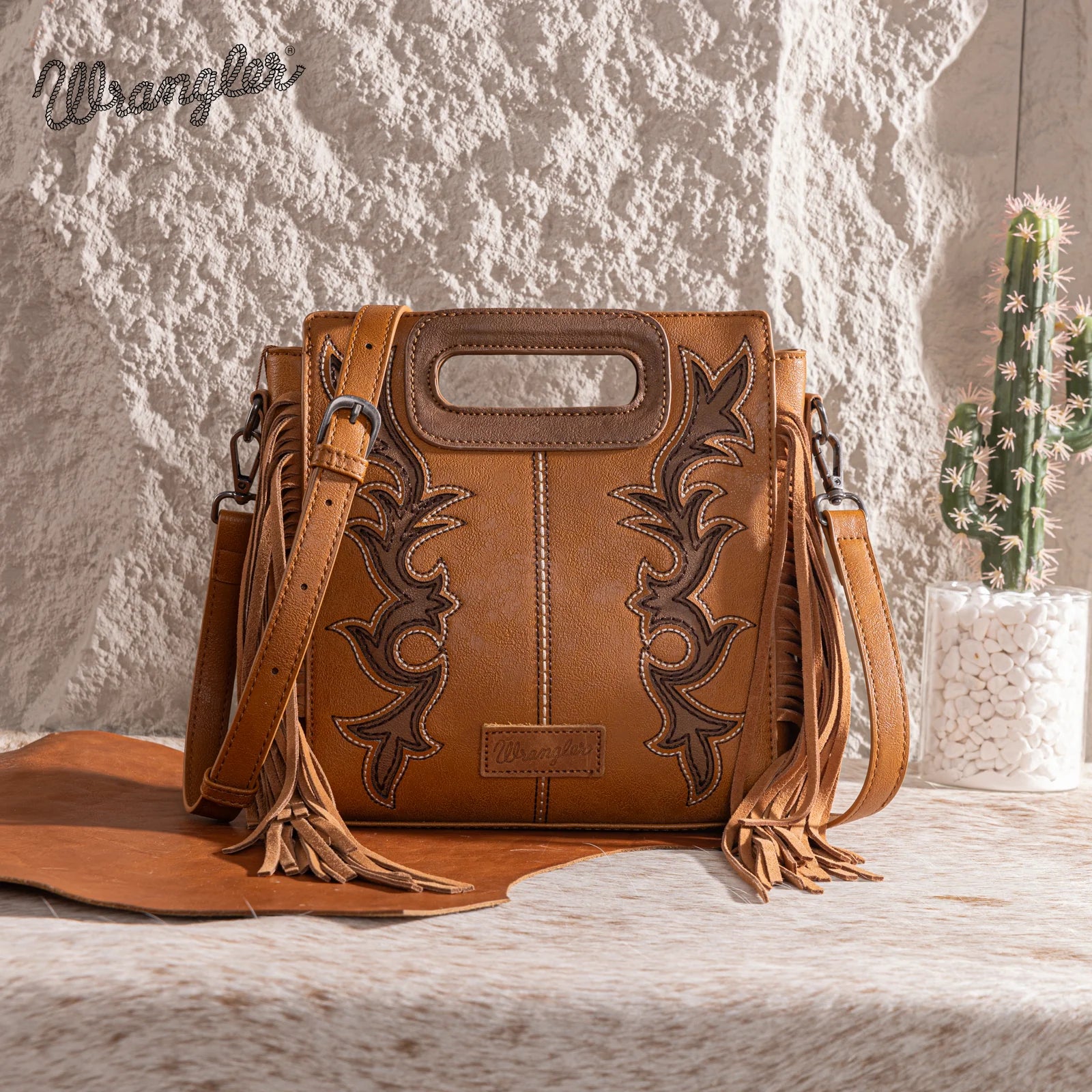 Sac fourre-tout/sac bandoulière Wrangler à poignée supérieure et franges - Brun