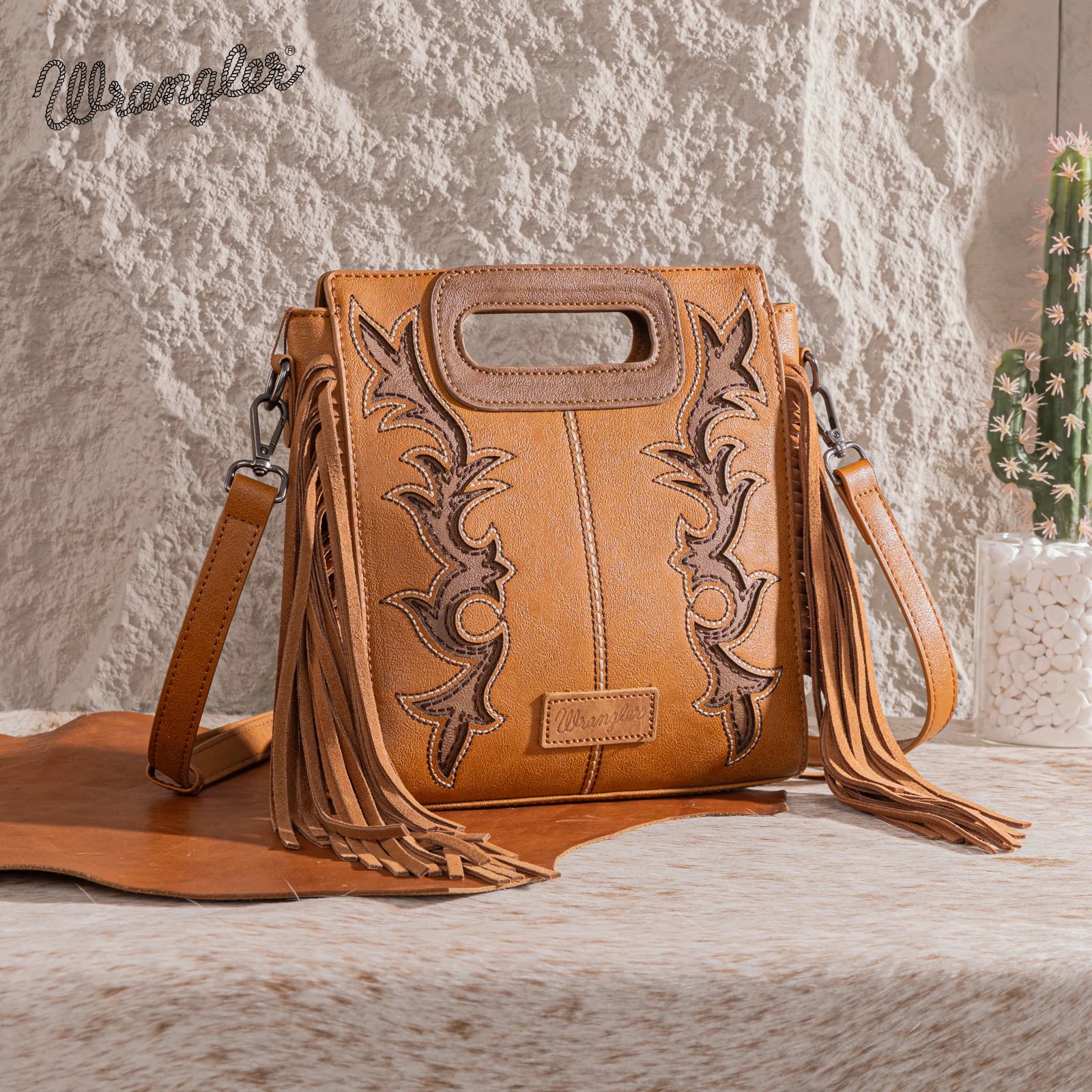 Sac fourre-tout/sac bandoulière Wrangler à poignée supérieure et franges - Brun