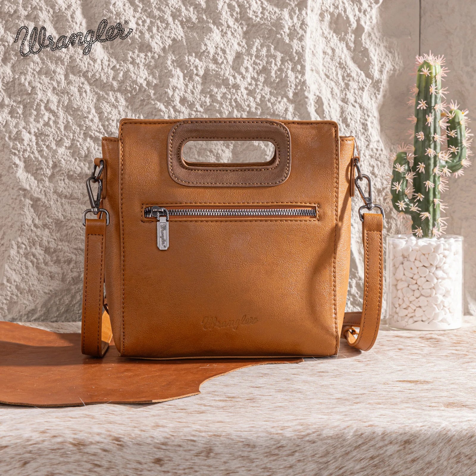 Sac fourre-tout/sac bandoulière Wrangler à poignée supérieure et franges - Brun