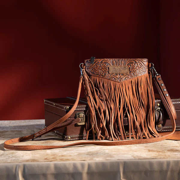 Wrangler Vintage Floral Tooled Collection Fringe Wristlet/Crossbody - Brown