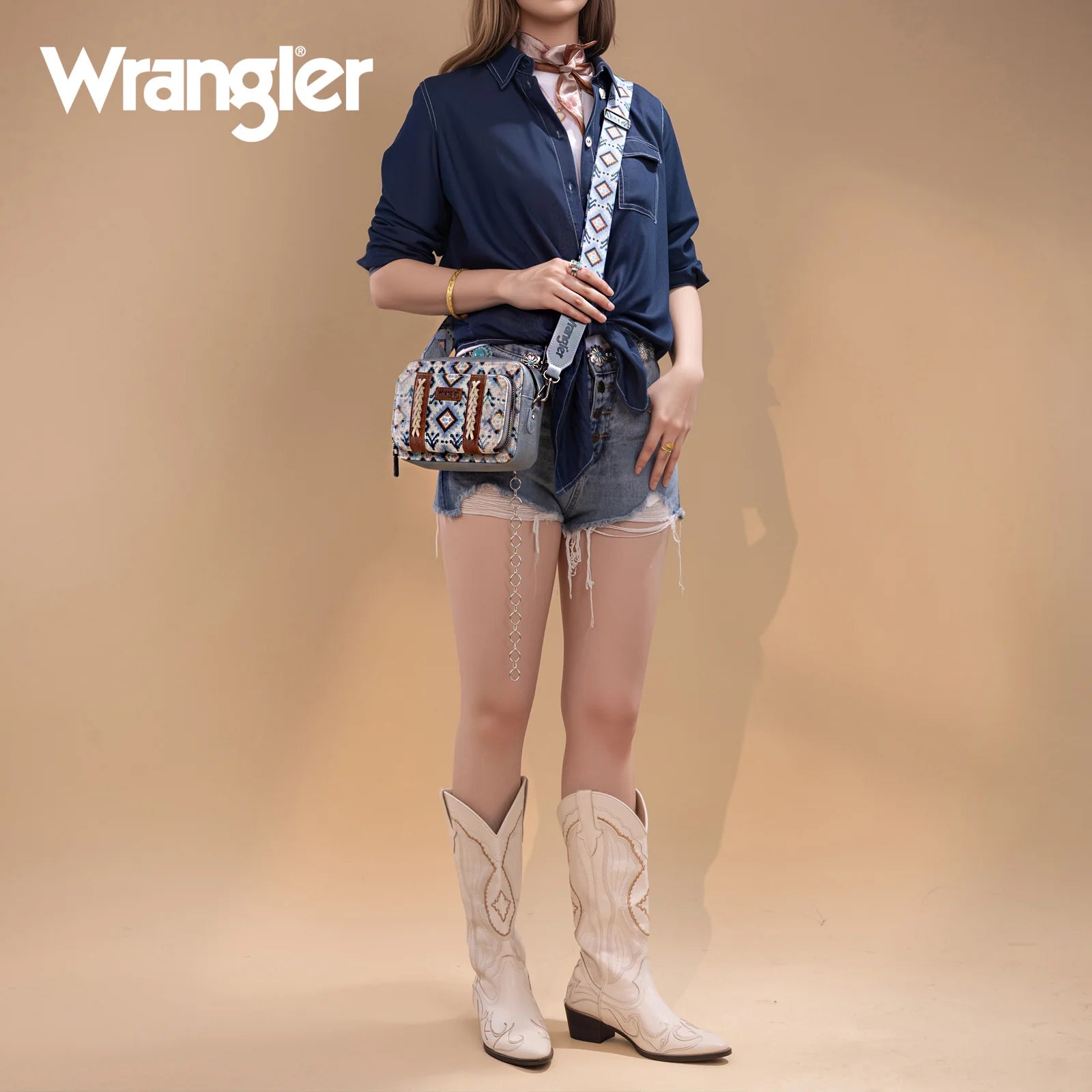 Sac à main Wrangler à bandoulière double face avec compartiment portefeuille et imprimé sud-ouest - Bleu marine