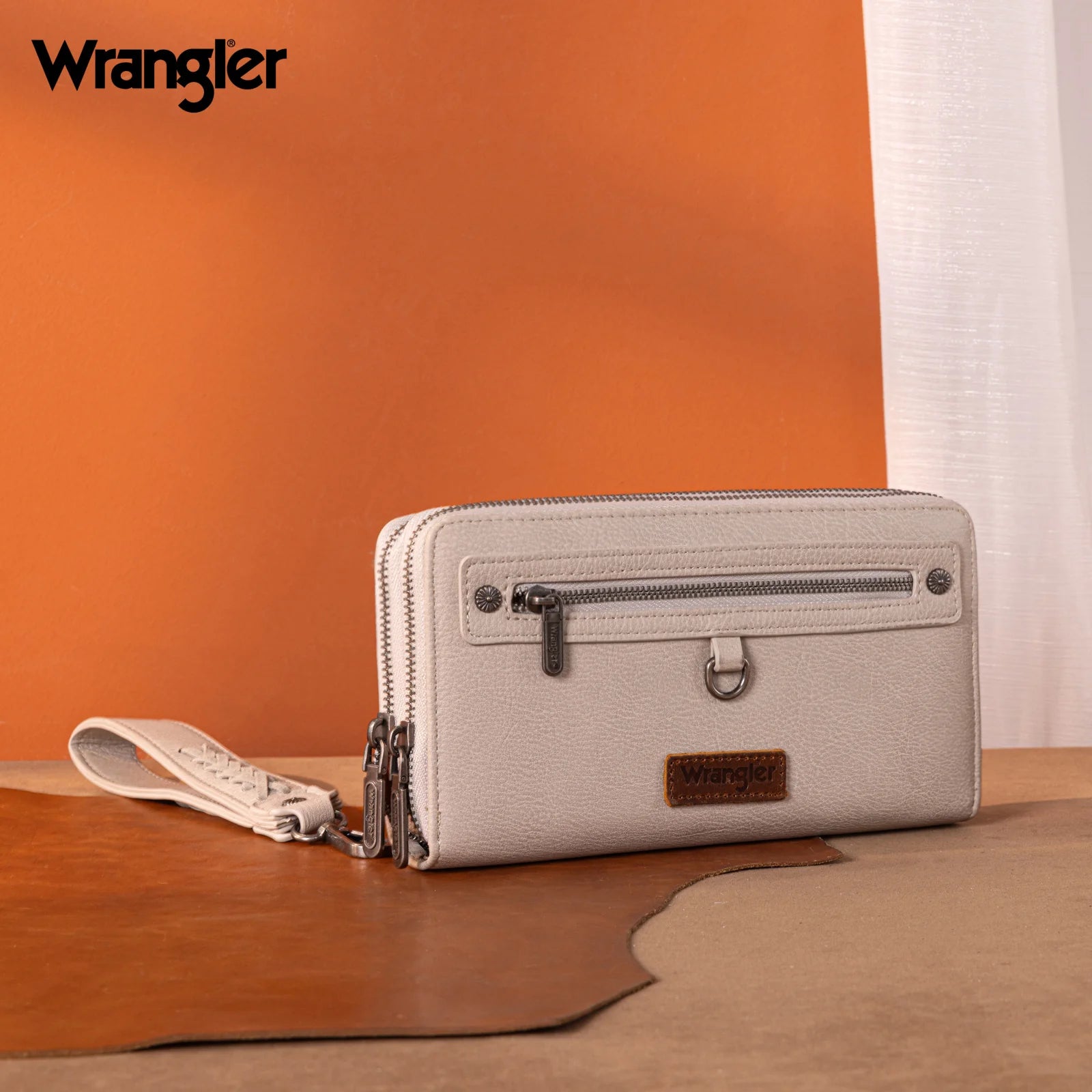 Grand portefeuille Wrangler à double compartiment zippé - Gris clair