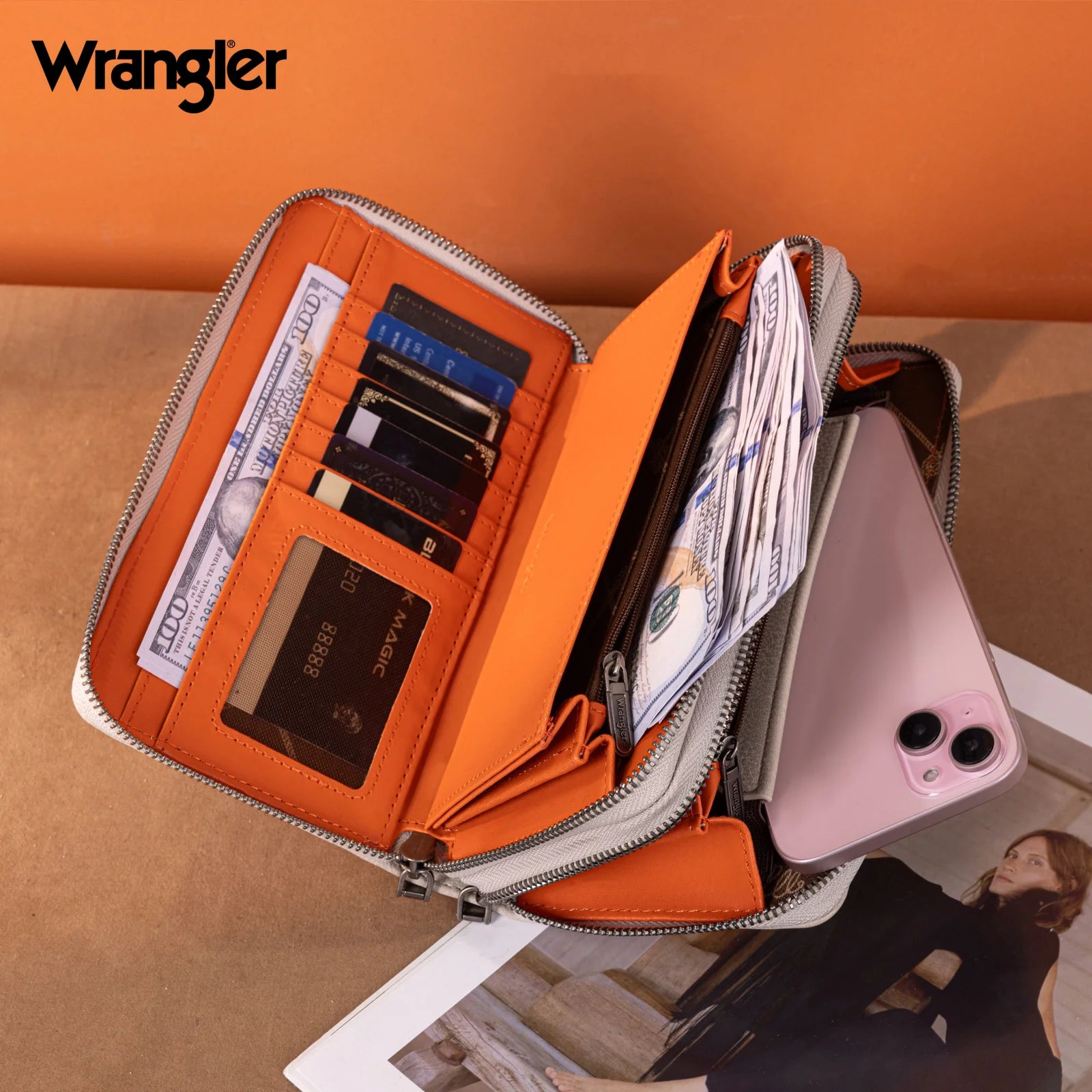 Wrangler Dual Zipper Compartment Large Wallet - Light Grey