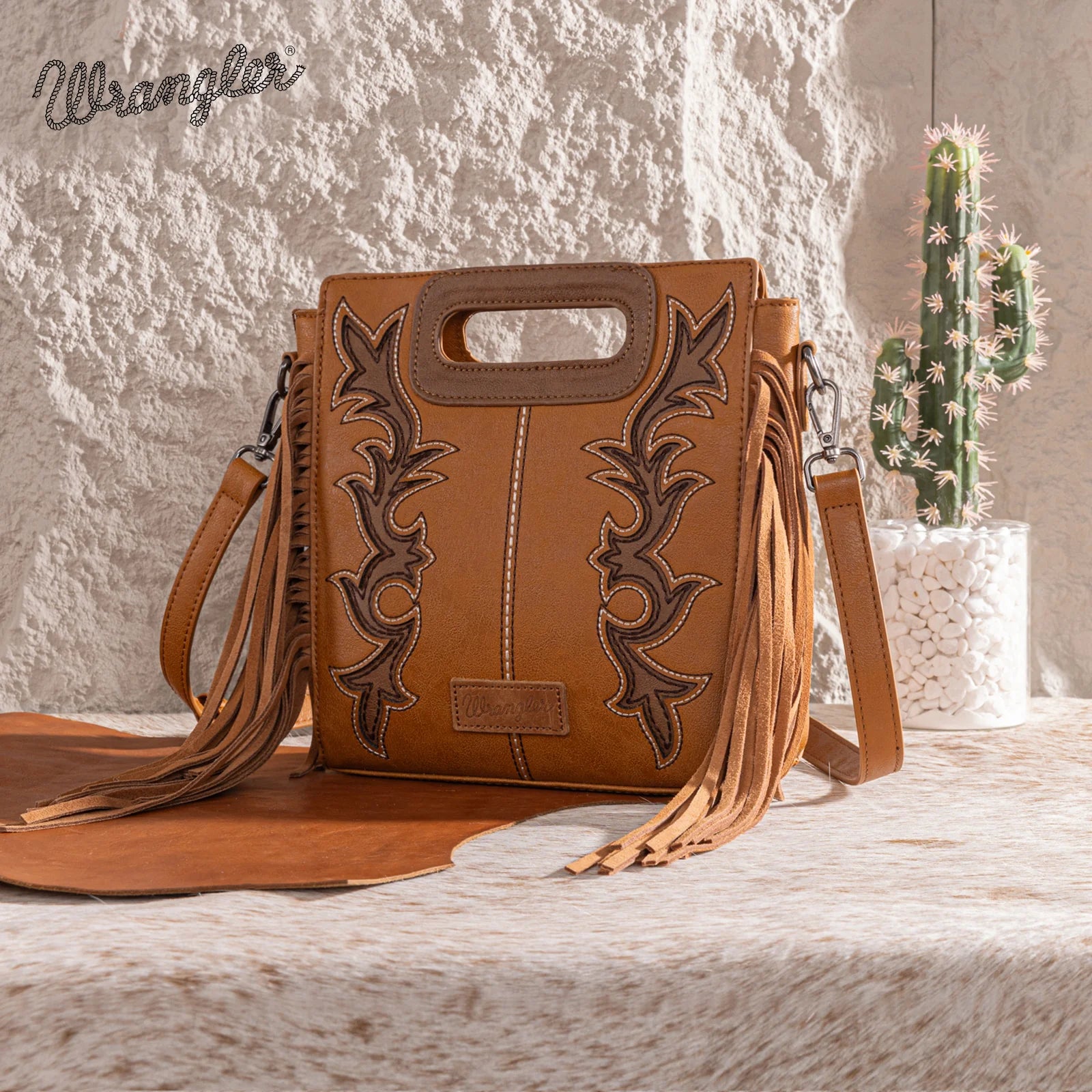 Sac fourre-tout/sac bandoulière Wrangler à poignée supérieure et franges - Brun