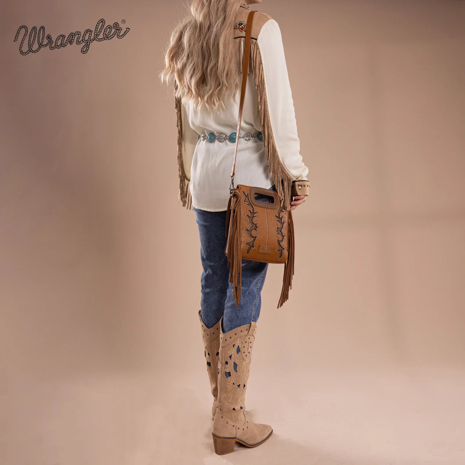 Sac fourre-tout/sac bandoulière Wrangler à poignée supérieure et franges - Brun