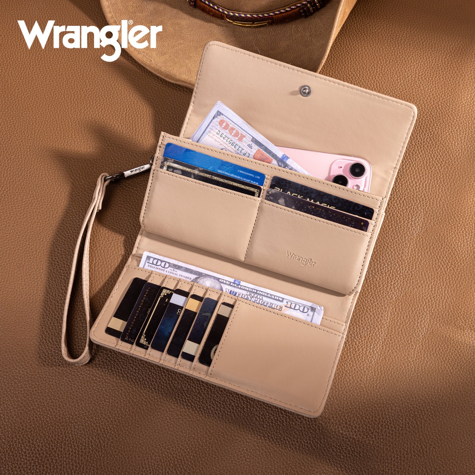 Portefeuille/bracelet RFID à trois volets Wrangler Western Floral - Tan