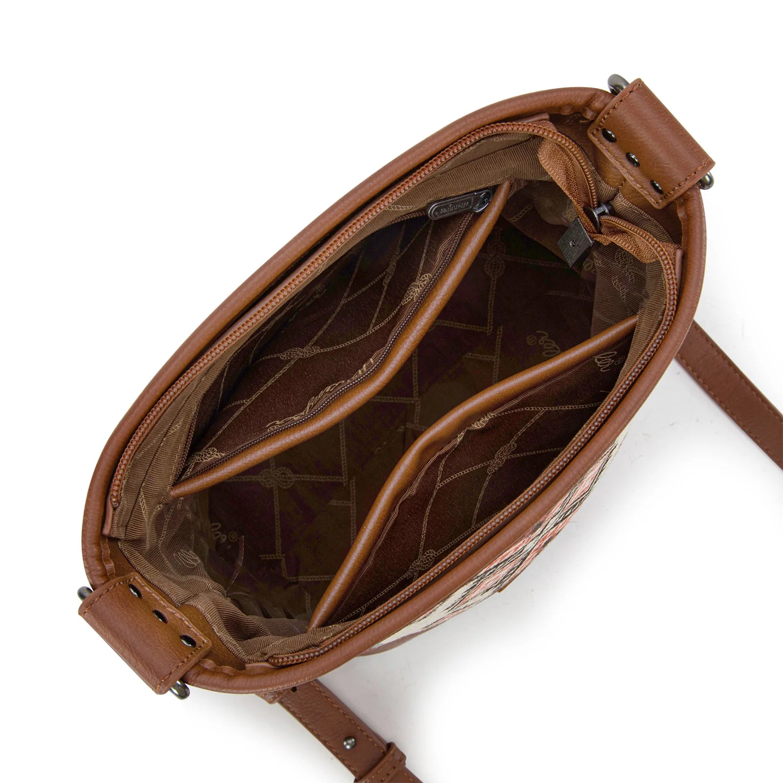 Sac bandoulière Wrangler à motif aztèque vieilli, imprimé des deux côtés, avec compartiment dissimulé pour port d’arme - Brun