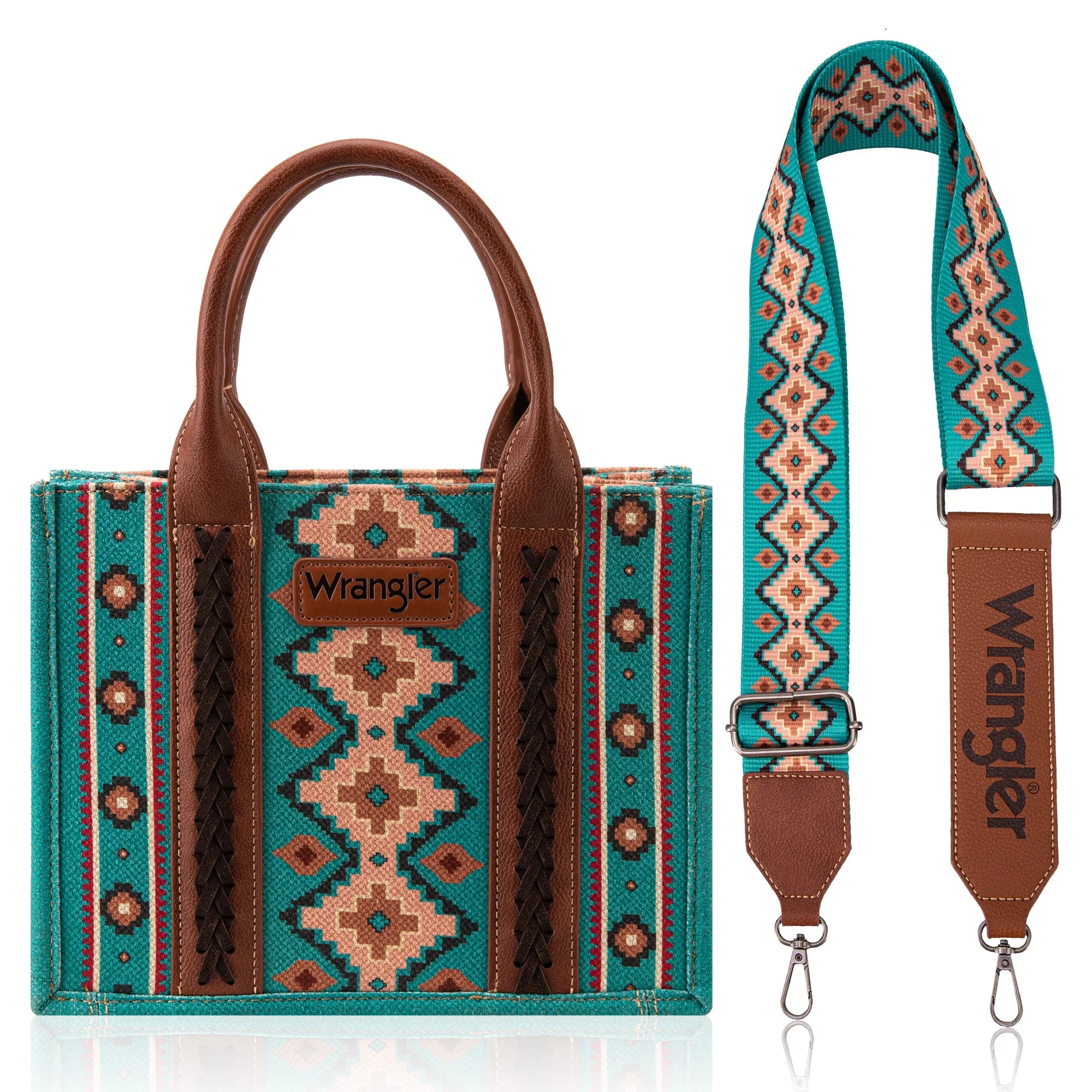 Wrangler Aztec Small Tote/Crossbody and Card Case Set 2Pc- Turquoise