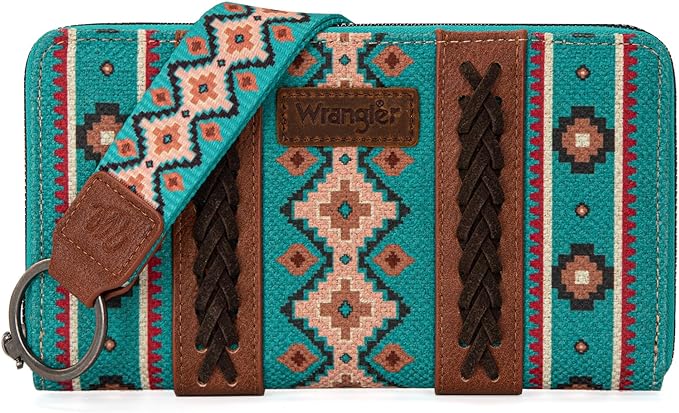 Wrangler All-over Aztec Dual Sided Print Canvas Wallet - Turquoise