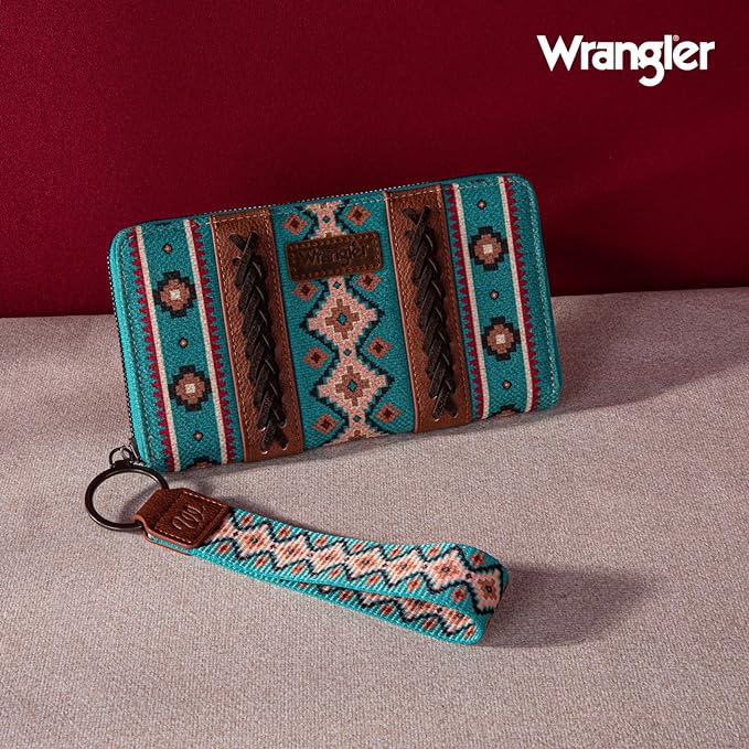 Wrangler All-over Aztec Dual Sided Print Canvas Wallet - Turquoise