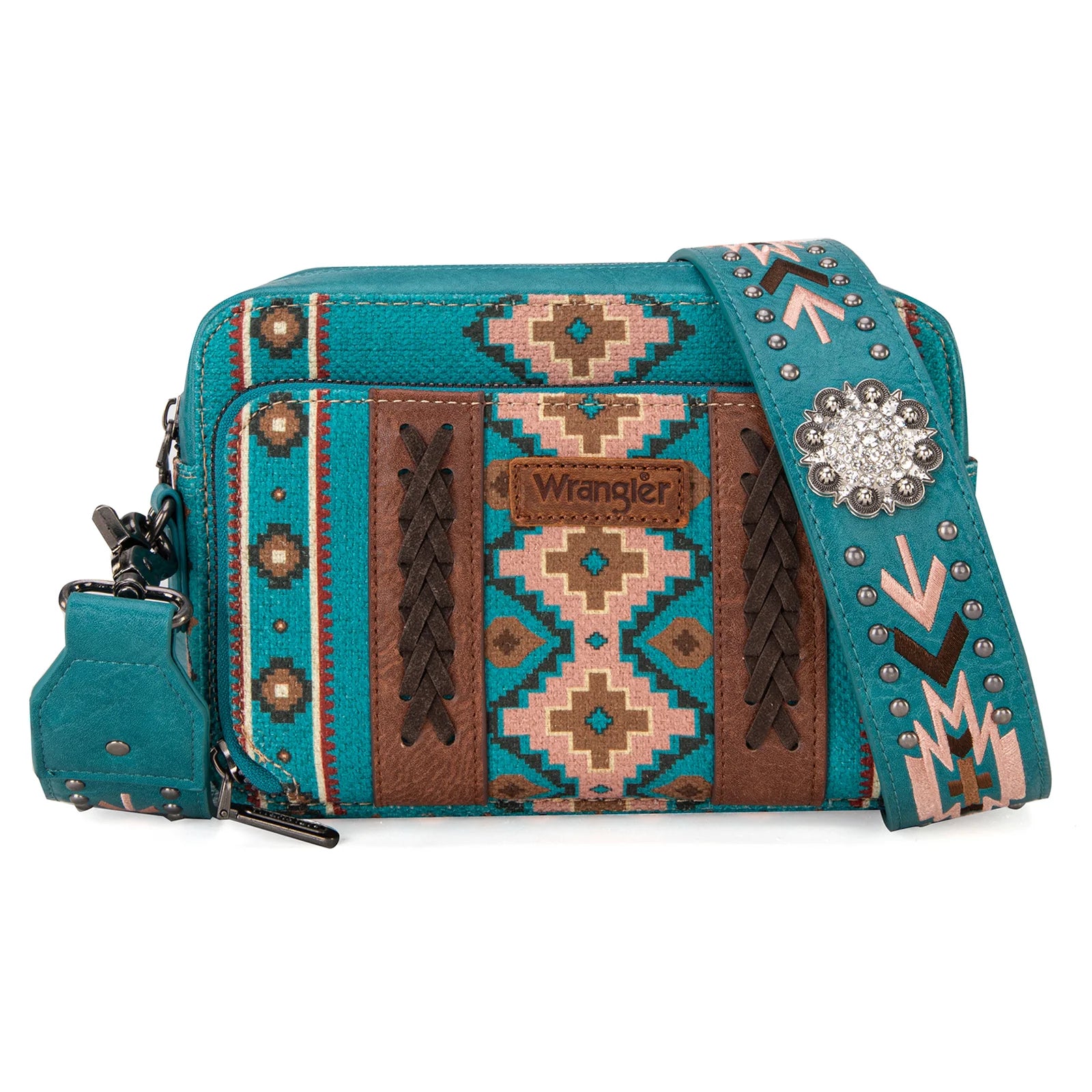 Sac à bandoulière Wrangler imprimé aztèque avec compartiment portefeuille - Turquoise