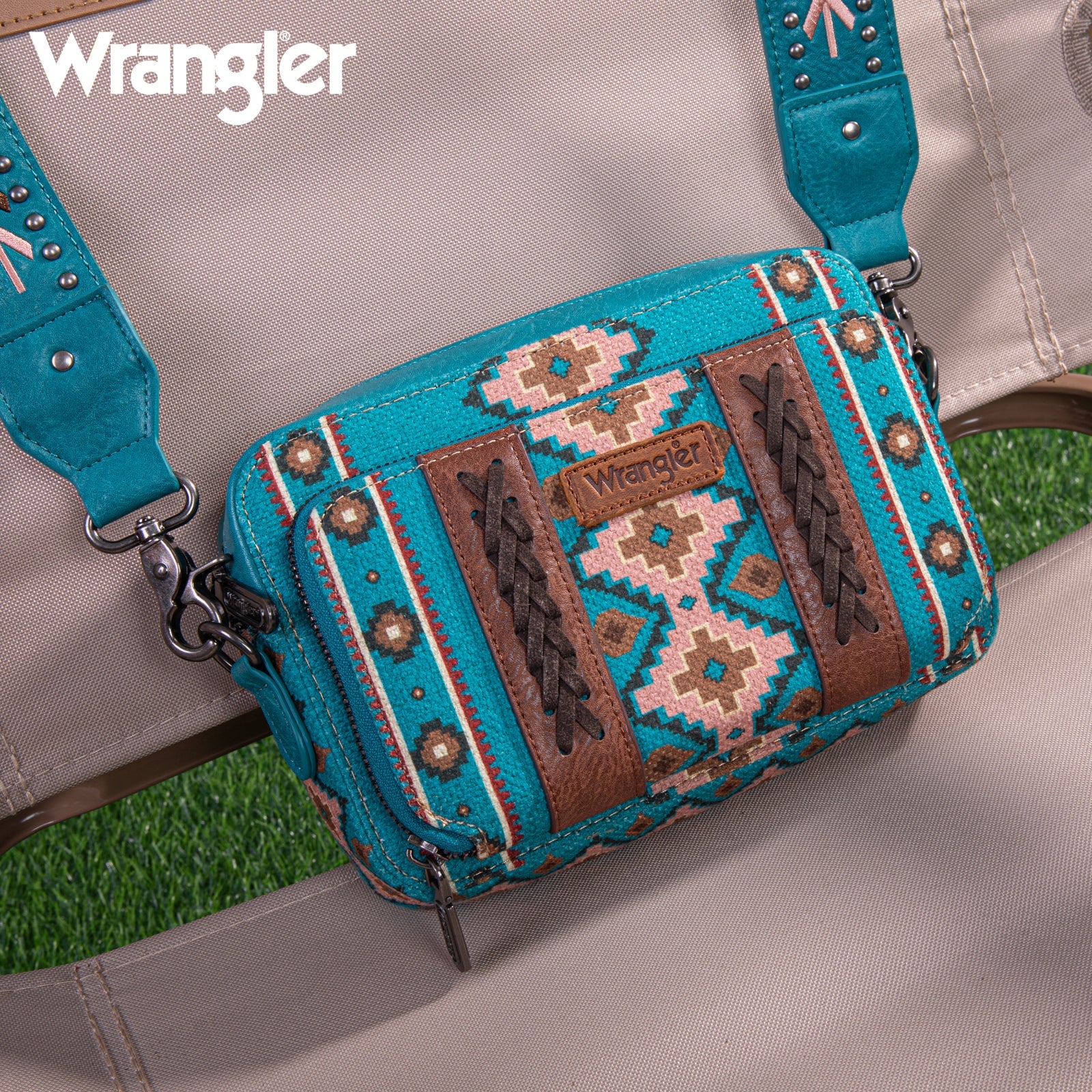 Wrangler Aztec Printed Crossbody Purse With Wallet Compartment - Turquoise