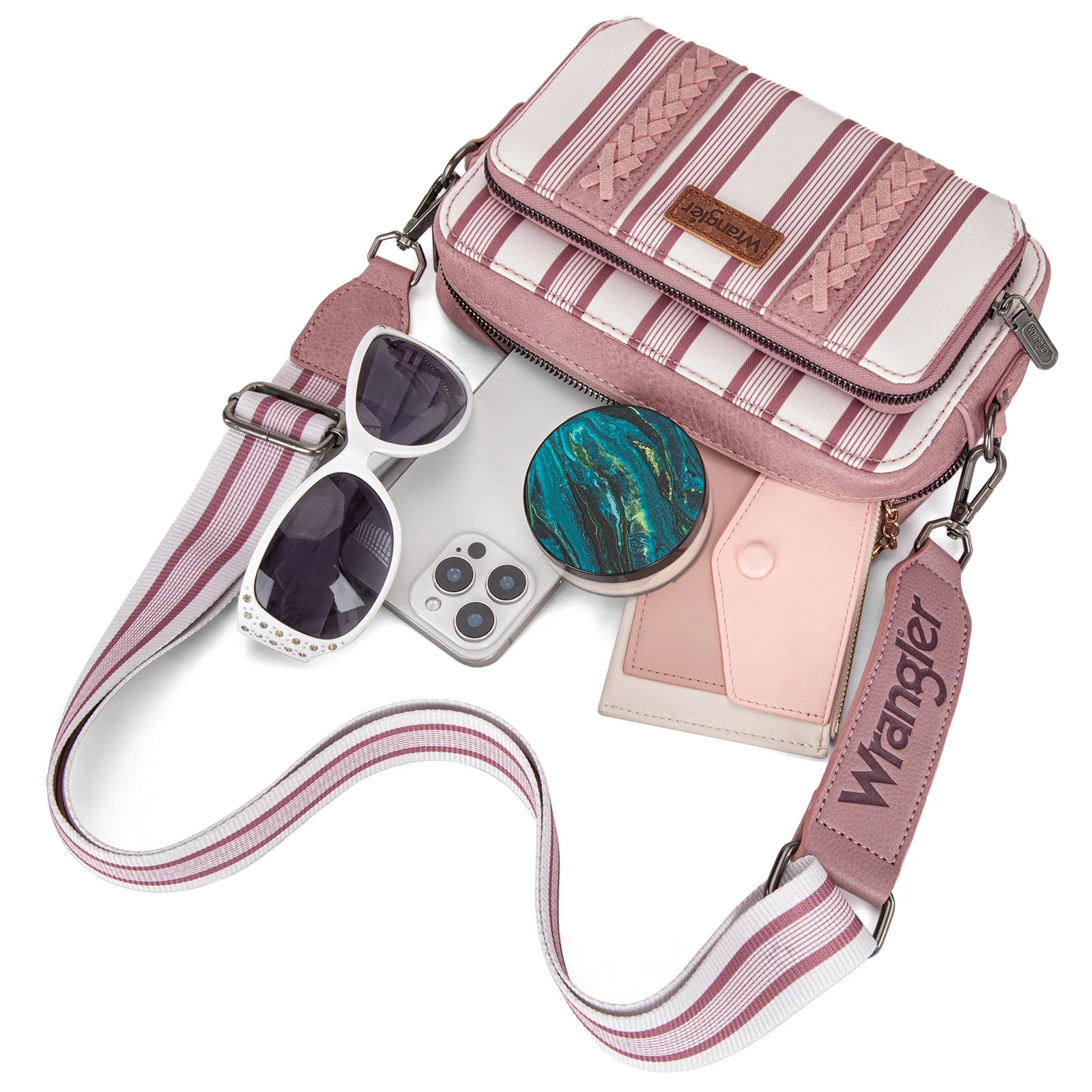 Sac à bandoulière Wrangler à rayures et imprimé avec compartiment portefeuille - Rose