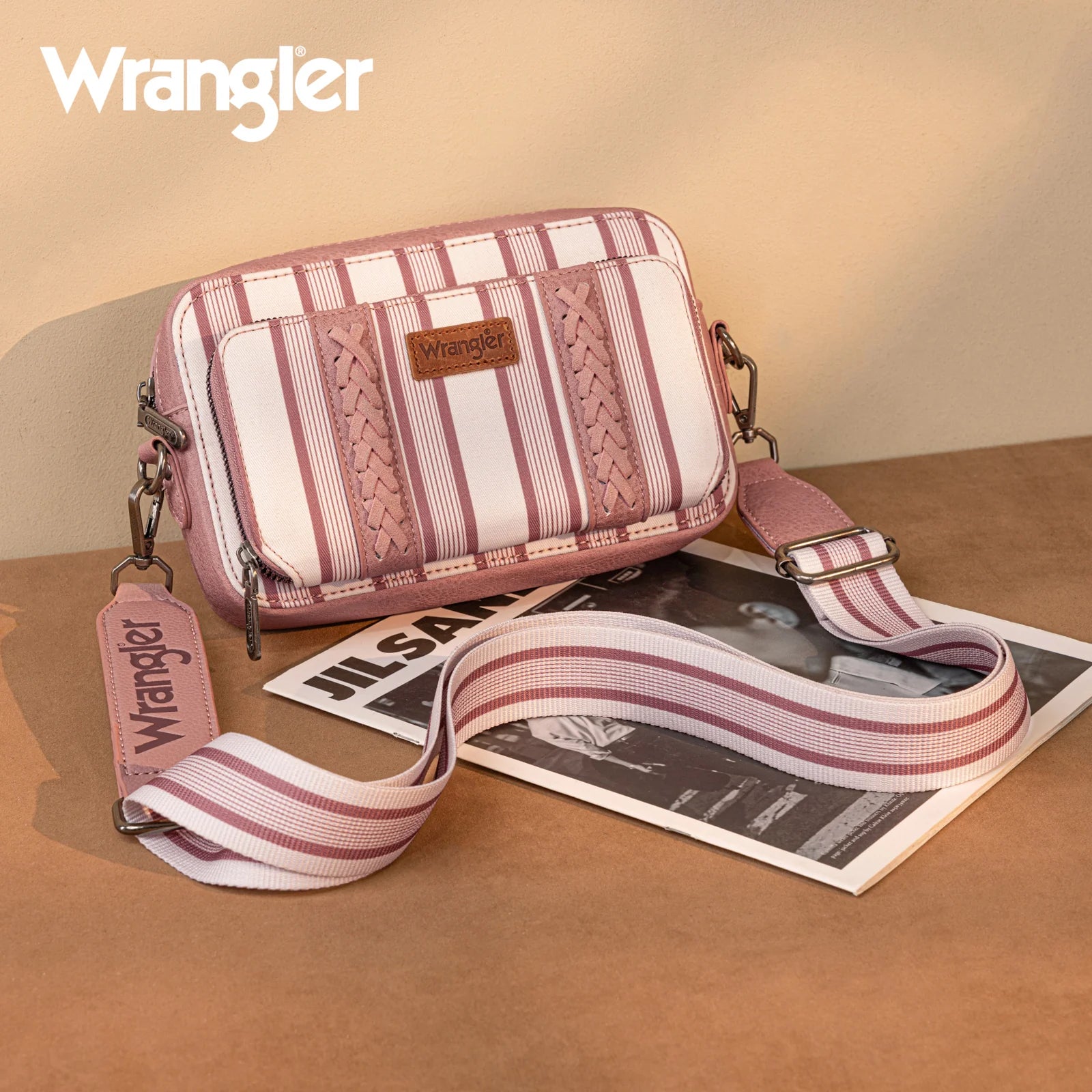 Sac à bandoulière Wrangler à rayures et imprimé avec compartiment portefeuille - Rose