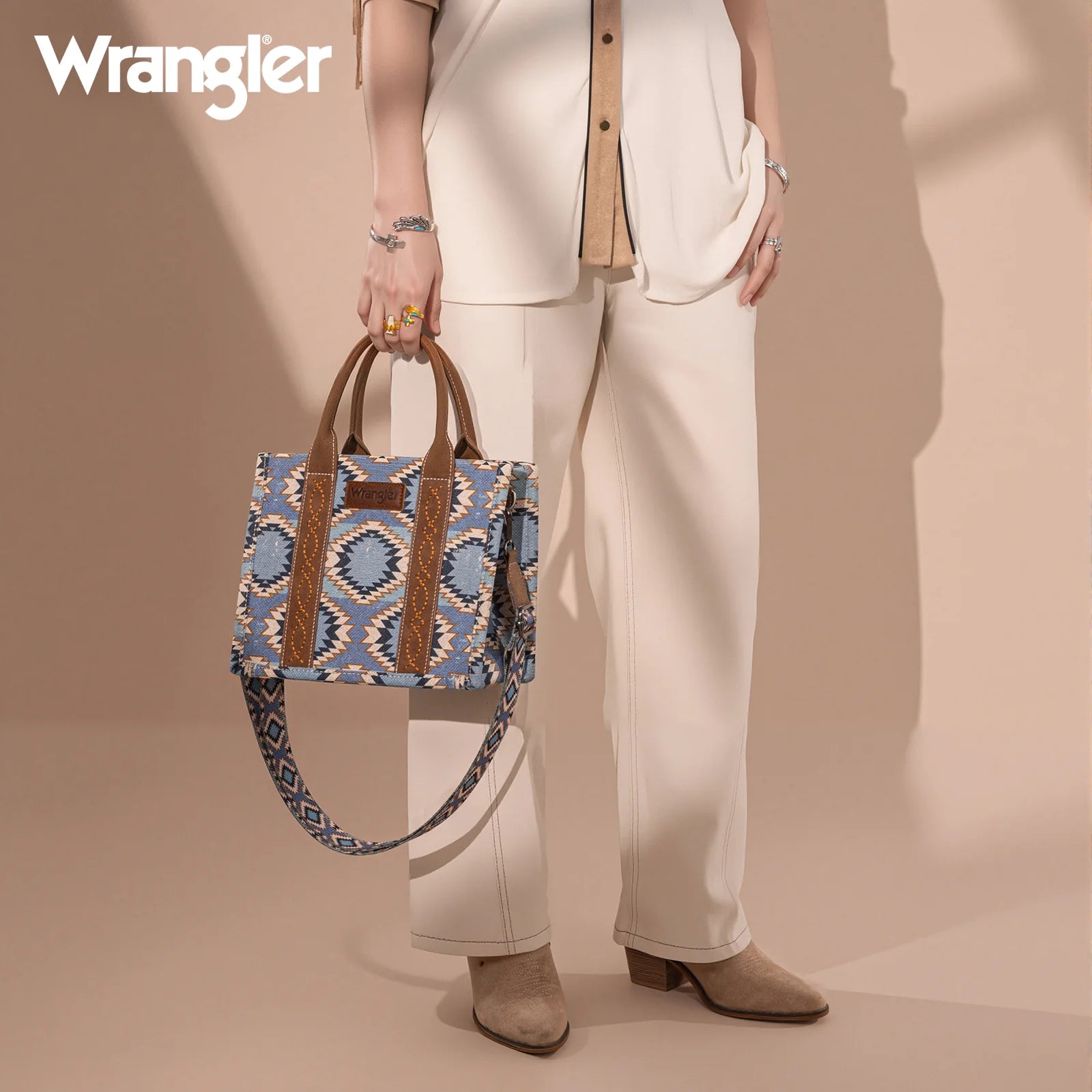 Sac cabas/sac à bandoulière Wrangler Aztec à motif double face et effet vieilli - Jean