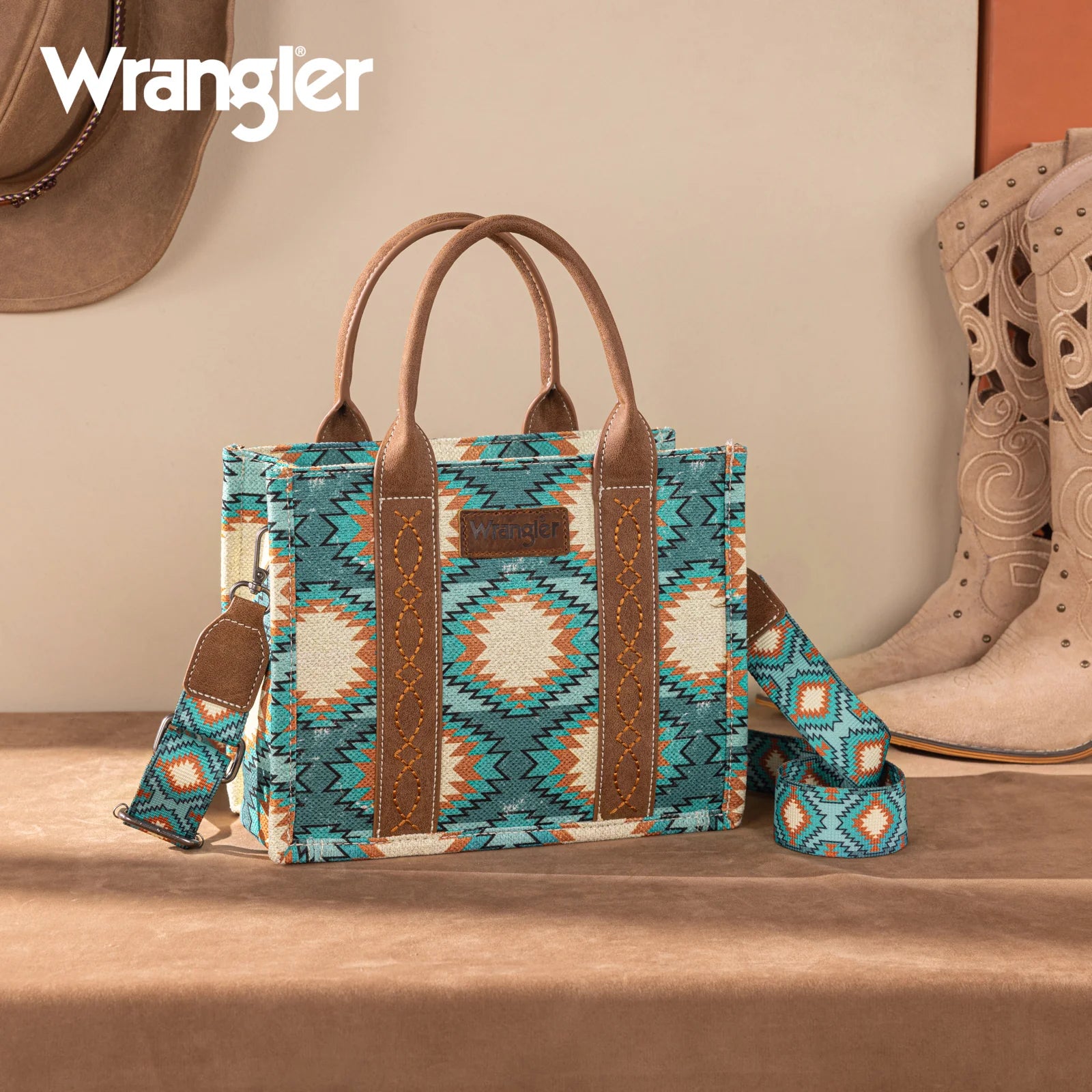 Sac cabas/sac à bandoulière Wrangler Aztec à motif vieilli double face - Turquoise
