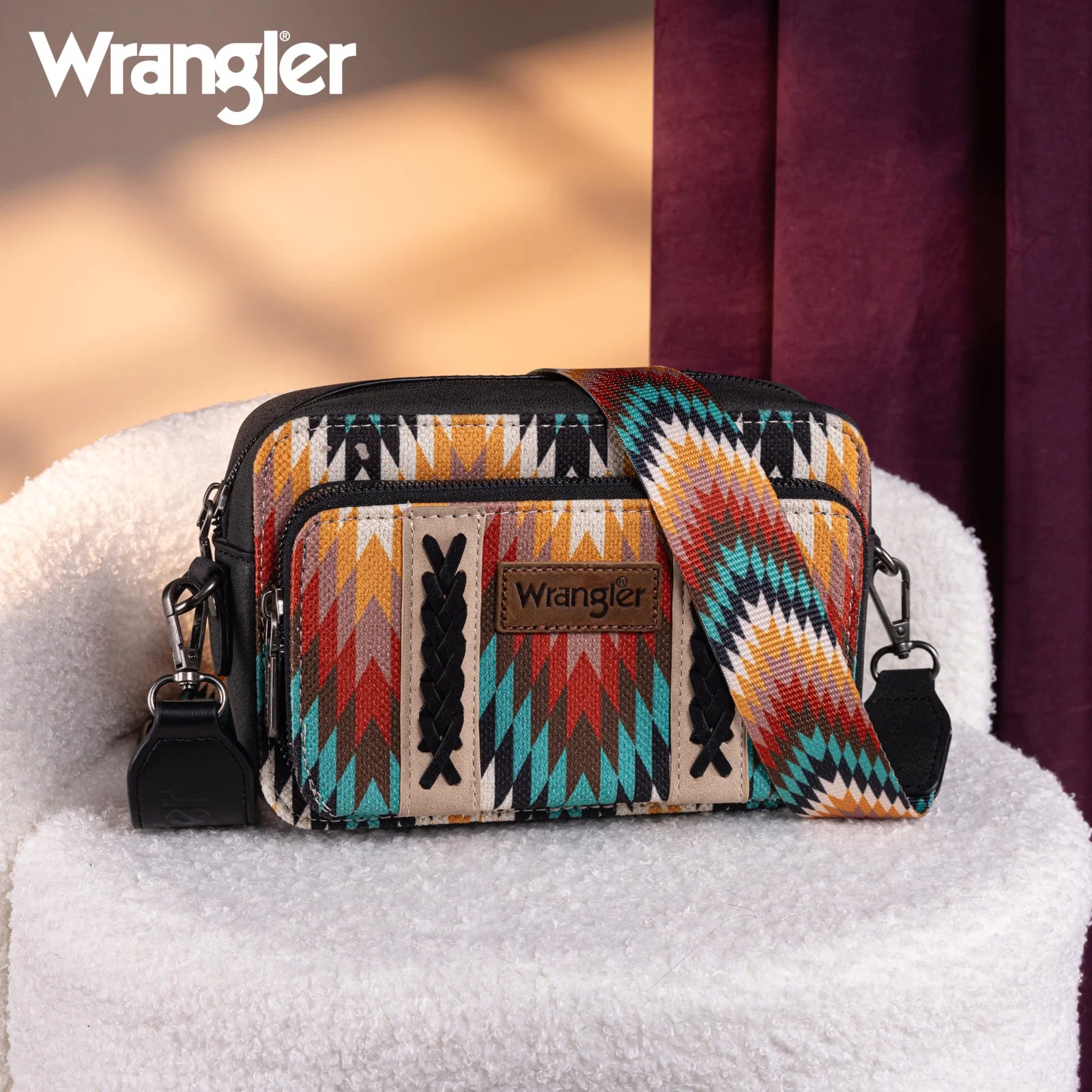 Sac à main Wrangler à bandoulière double face avec compartiment portefeuille et imprimé sud-ouest - Noir