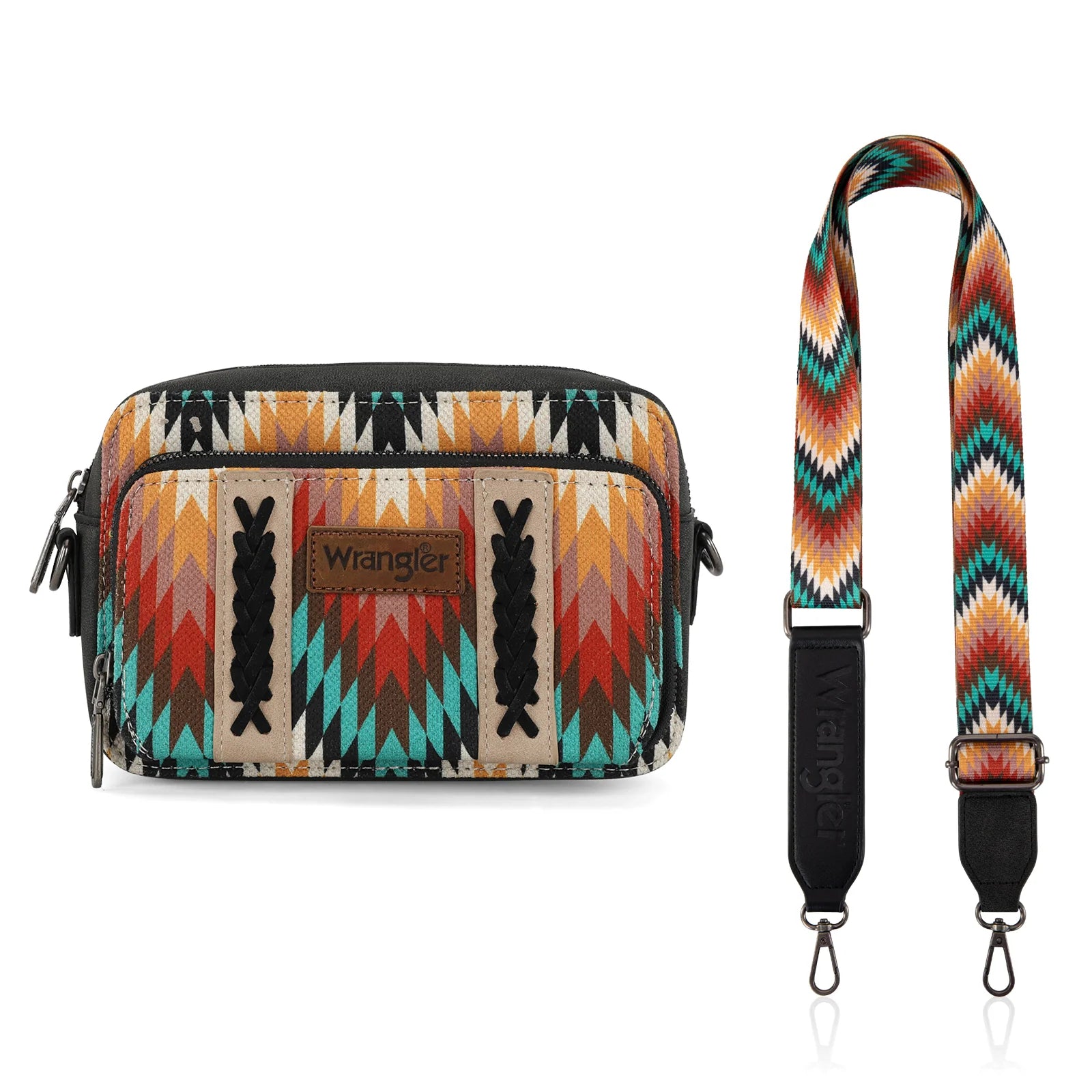 Sac à main Wrangler à bandoulière double face avec compartiment portefeuille et motif sud-ouest - Noir