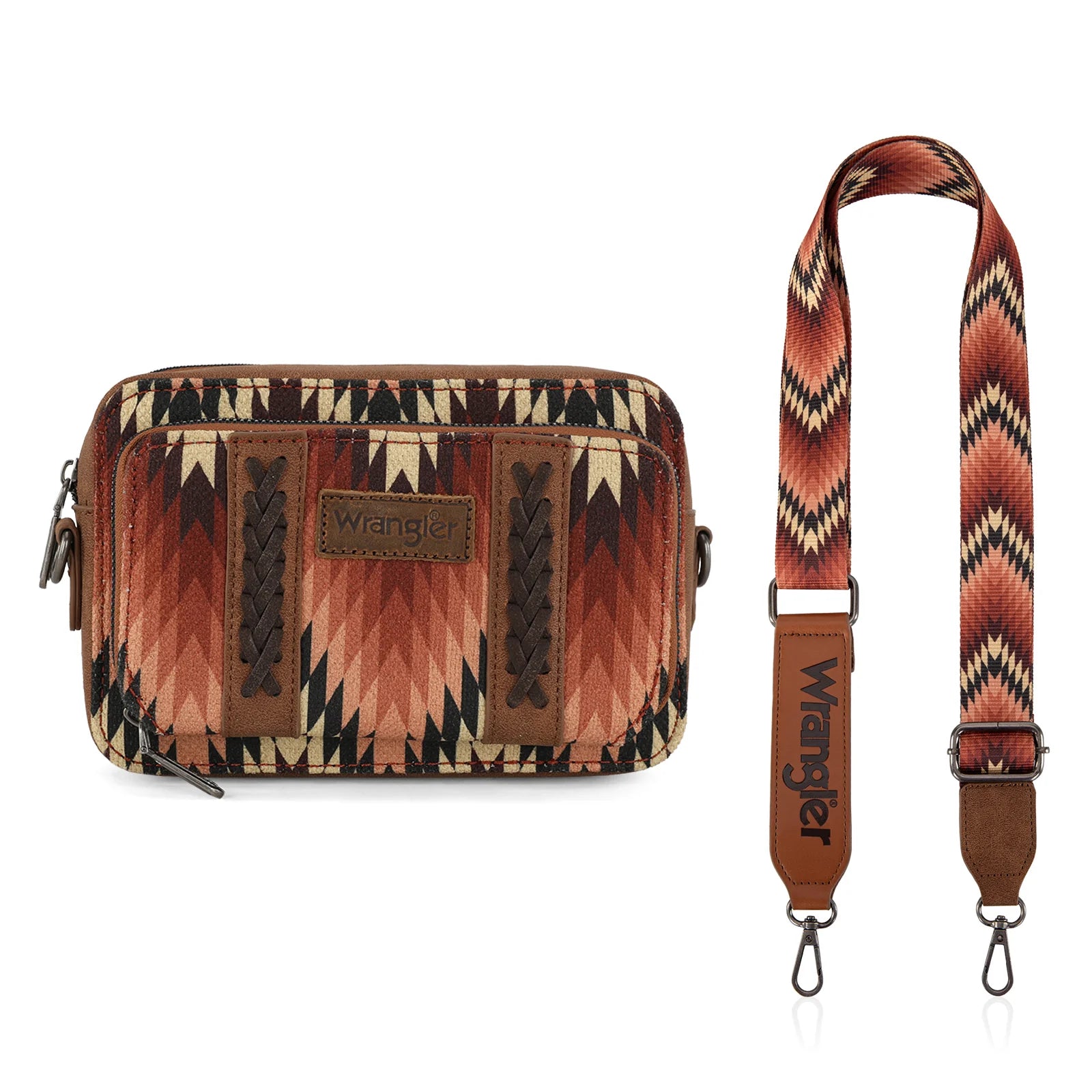 Sac à main Wrangler à bandoulière double face avec compartiment portefeuille et motif sud-ouest - Brun