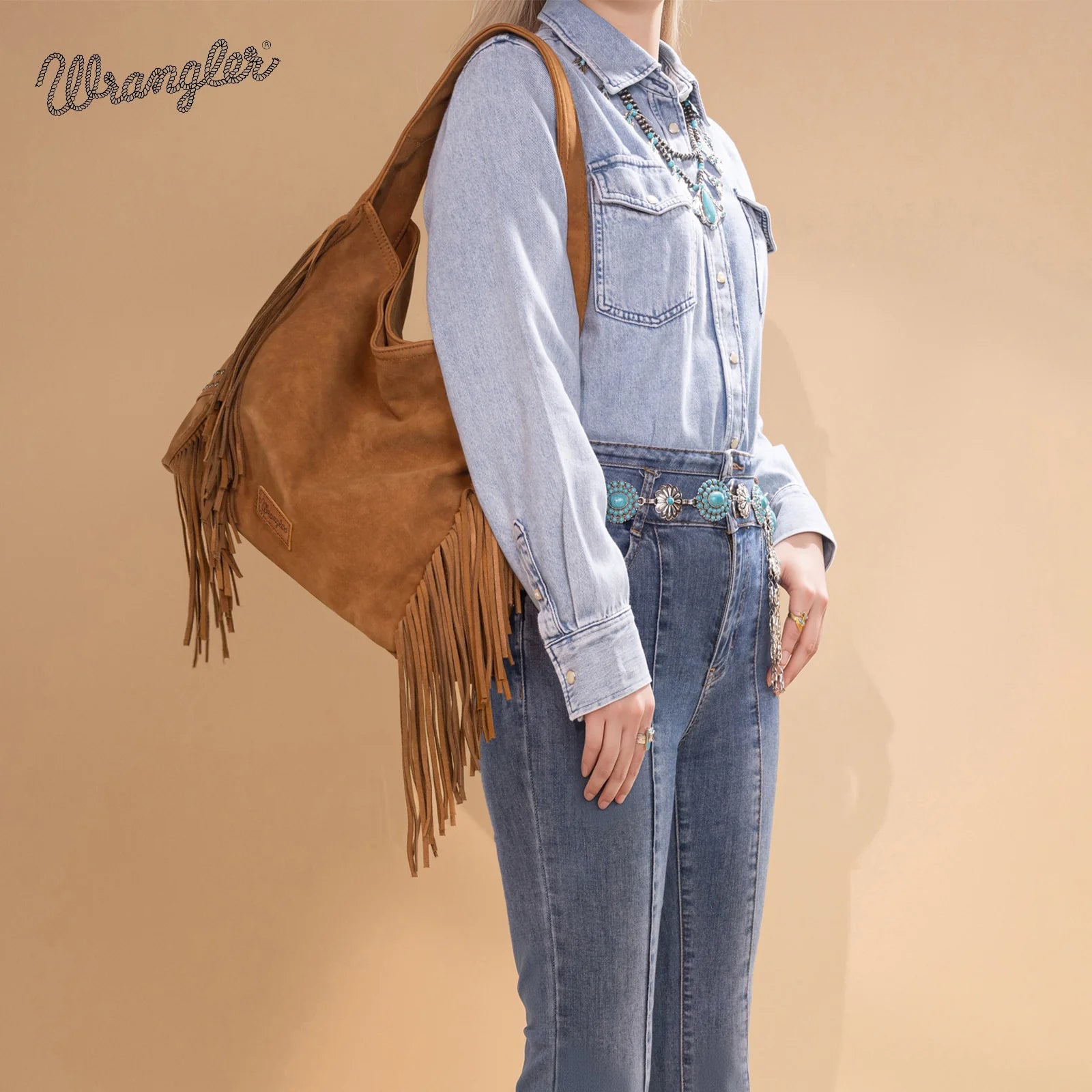 Wrangler Fringe Studded Hobo Bag - Brown